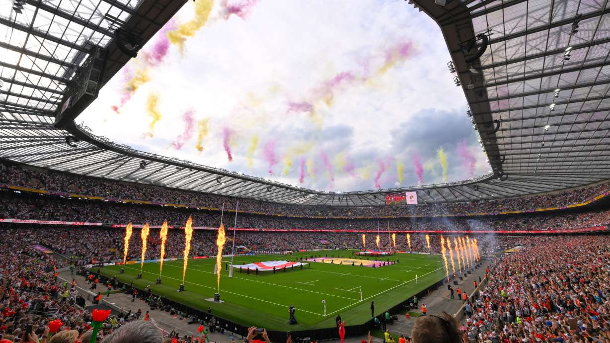 General view before the start of the Women's Rugby World Cup final match between England and Canada at the Allianz Stadium, Twickenham in London, Saturday, Sept. 27, 2025.