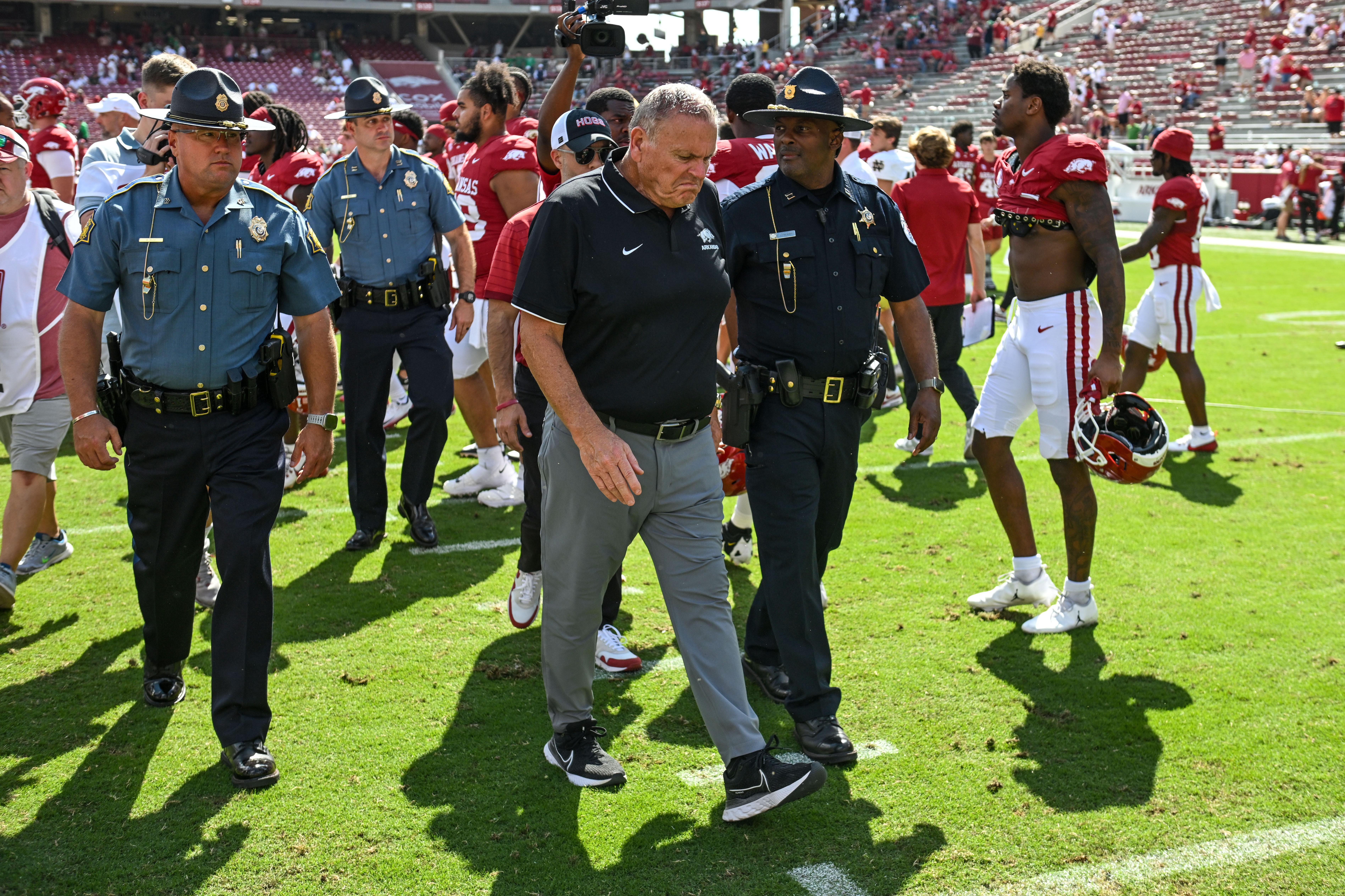Arkansas coach Sam Pittman heads to the locker room following a loss to Notre Dame in an NCAA college football game Saturday, Sept. 27, 2025, in Fayetteville, Ark. 