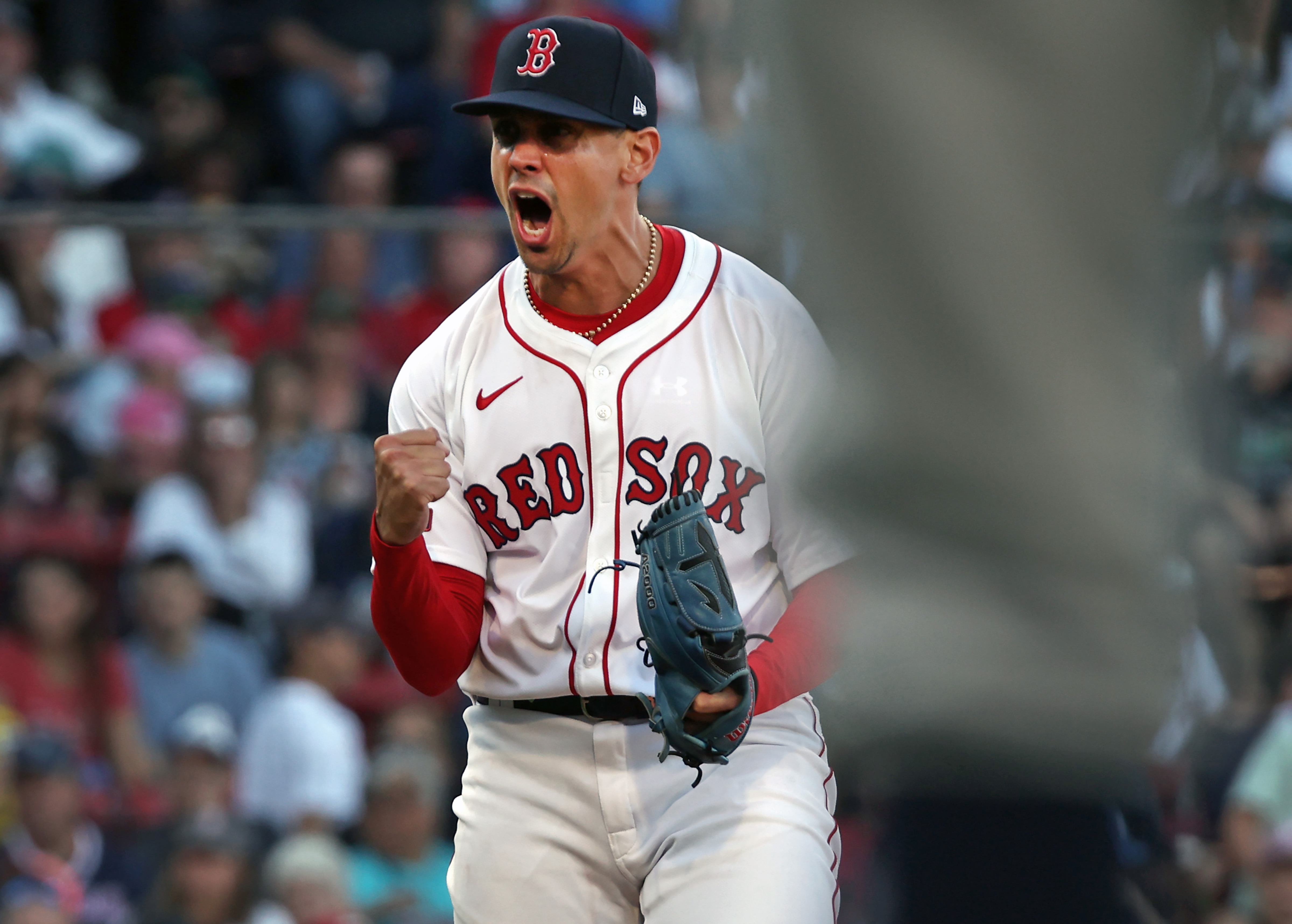 Boston Red Sox starting pitcher Jose De Leon reacts after recording the final out of the top of the sixth inning during a baseball game against the Detroit Tigers, Sunday, Sept. 28, 2025, in Boston. 