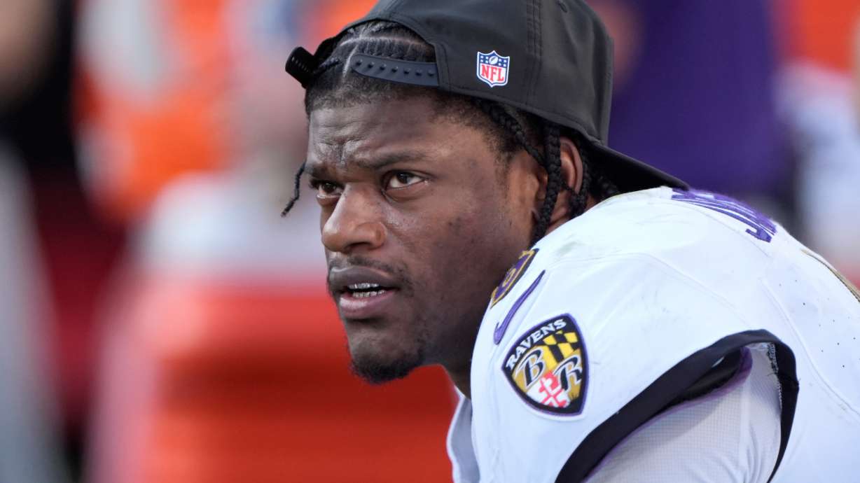 Baltimore Ravens quarterback Lamar Jackson sits on the bench after being replaced by Cooper Rush during the second half of an NFL football game against the Kansas City Chiefs Sunday, Sept. 28, 2025, in Kansas City, Mo.