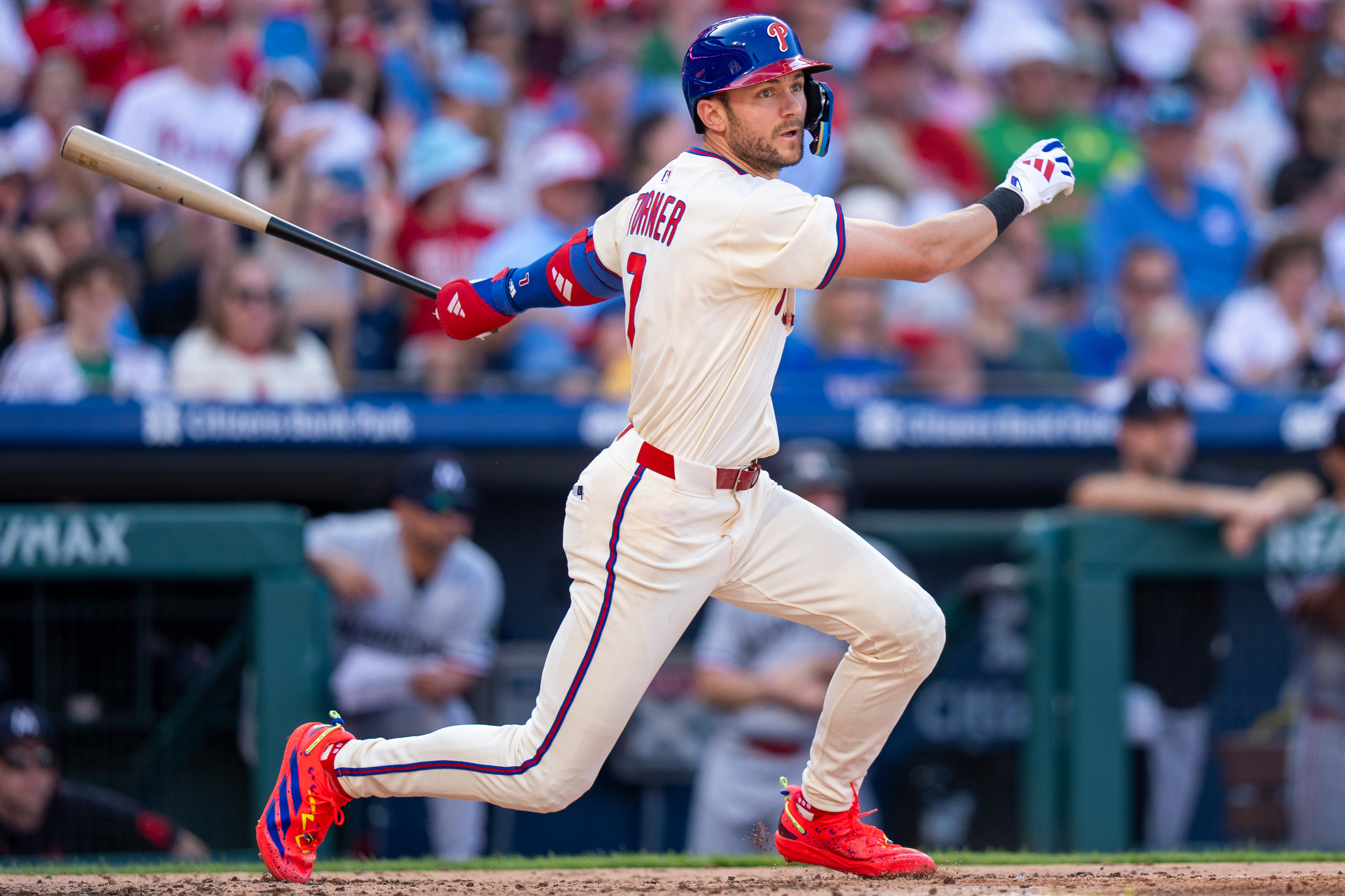 Philadelphia Phillies' Trea Turner fouls the ball off during the third inning of a baseball game against the Minnesota Twins, Sunday, Sept. 28, 2025, in Philadelphia. 
