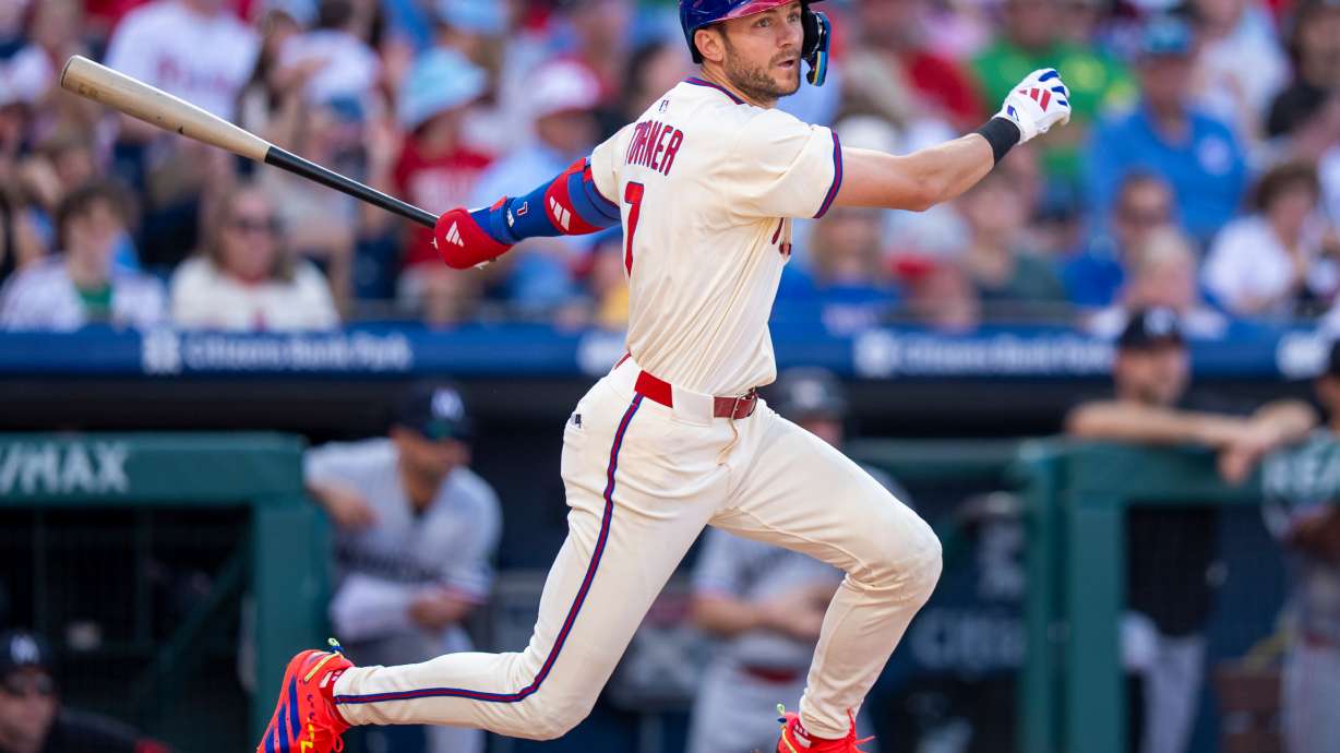 Philadelphia Phillies' Trea Turner fouls the ball off during the third inning of a baseball game against the Minnesota Twins, Sunday, Sept. 28, 2025, in Philadelphia.