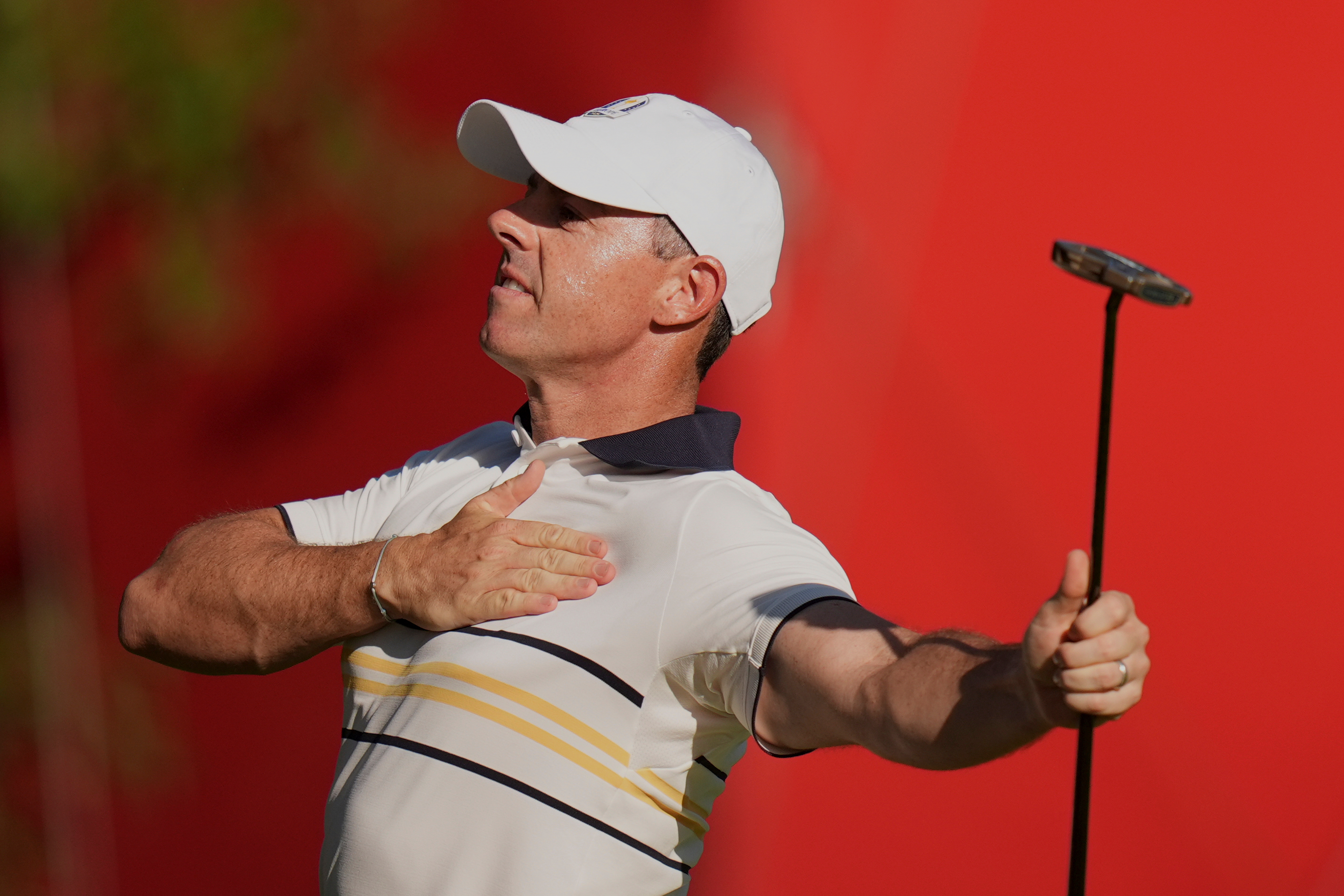 Europe's Rory McIlroy celebrates after a putt on the 15th hole during their singles match on the Bethpage Black golf course at the Ryder Cup golf tournament, Sunday, Sept. 28, 2025, in Farmingdale, N.Y. 