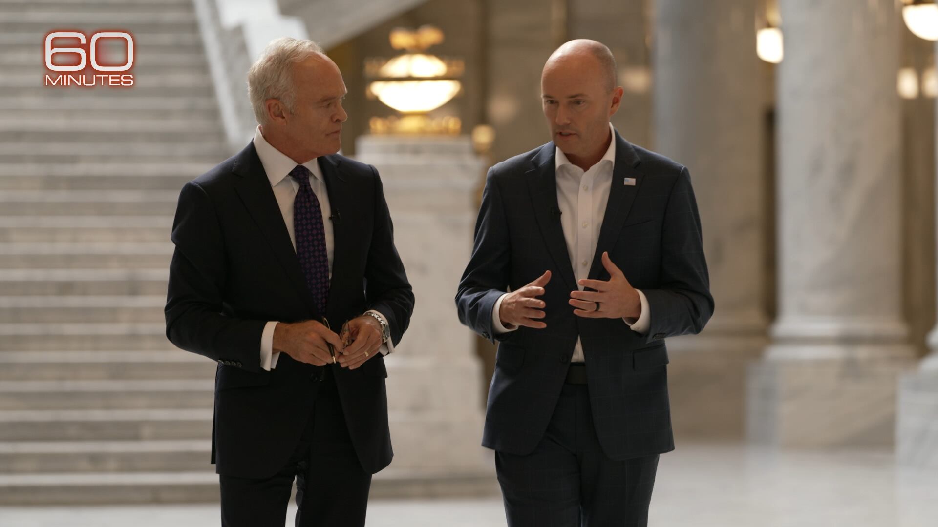 Utah Gov. Spencer Cox speaks with Scott Pelley, of CBS' "60 Minutes" during the Sunday broadcast.