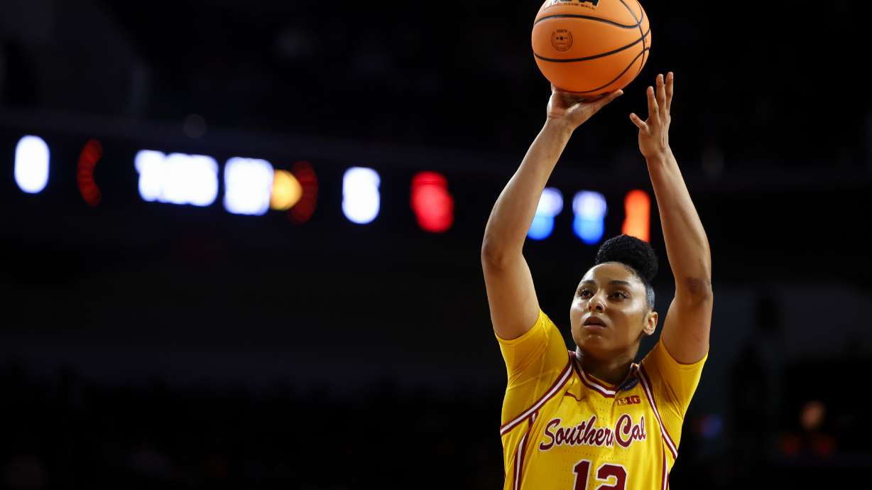 FILE - Southern California guard JuJu Watkins (12) shoots a free throw during the first half against Mississippi State in the second round of the NCAA college basketball tournament Monday, March 24, 2025, in Los Angeles.