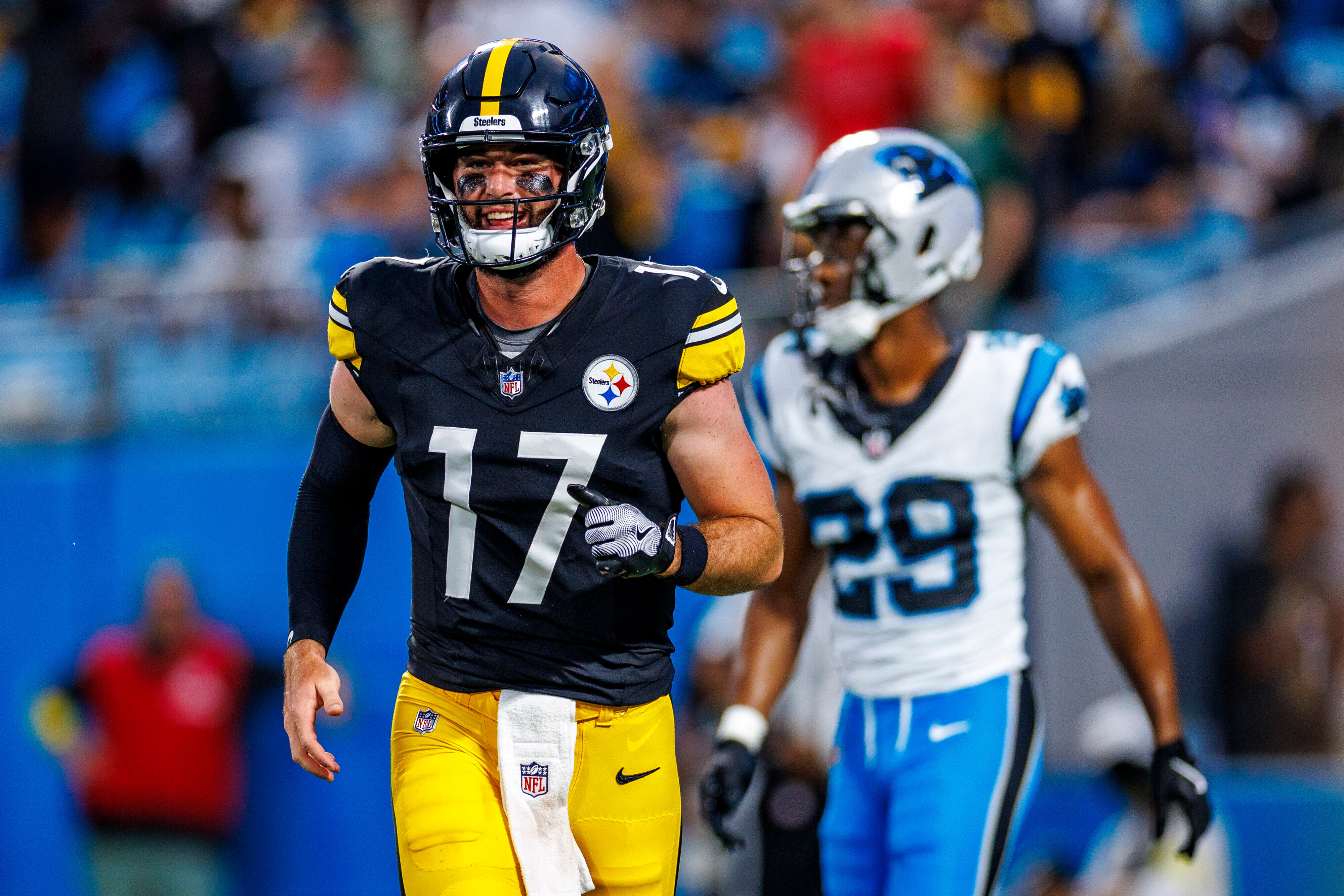 FILE - Pittsburgh Steelers quarterback Skylar Thompson (17) celebrates a touchdown pass during an NFL football game against the Carolina Panthers, Thursday, Aug. 21, 2025, in Charlotte, N.C. 