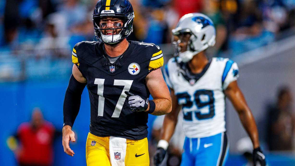 FILE - Pittsburgh Steelers quarterback Skylar Thompson (17) celebrates a touchdown pass during an NFL football game against the Carolina Panthers, Thursday, Aug. 21, 2025, in Charlotte, N.C.
