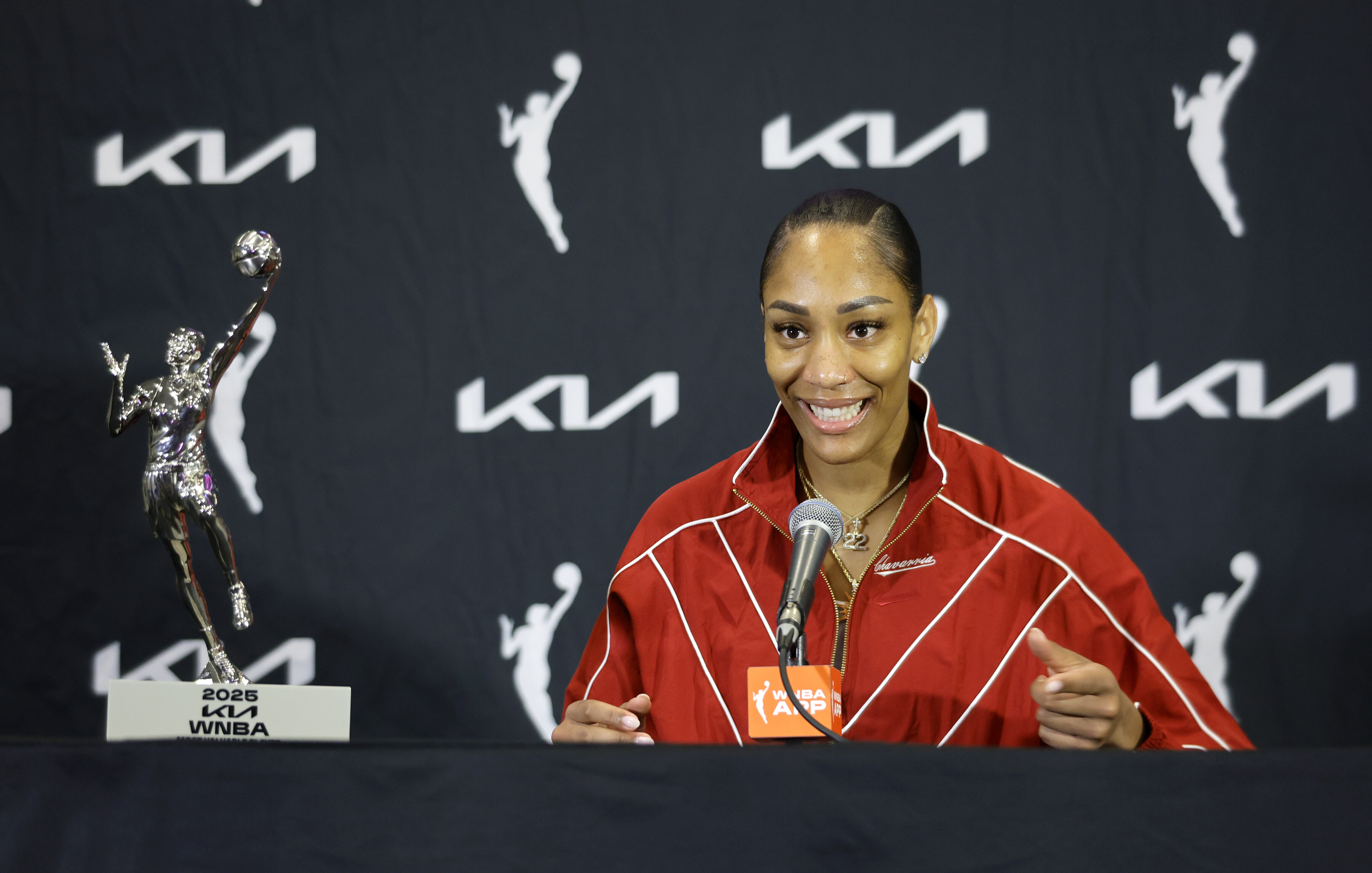 Las Vegas Aces center A'ja Wilson talks with reporters during a news conference Sunday, Sept. 21, 2025, in Las Vegas. 