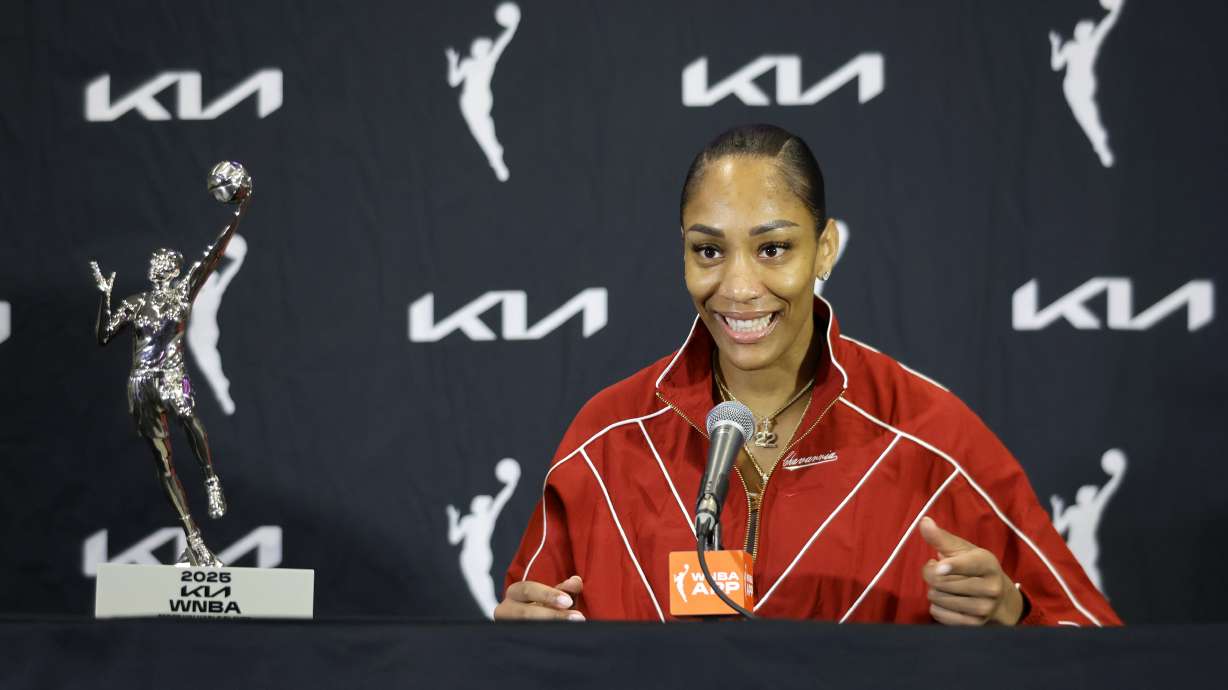 Las Vegas Aces center A'ja Wilson talks with reporters during a news conference Sunday, Sept. 21, 2025, in Las Vegas.