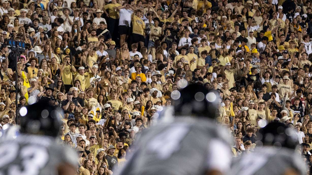 Colorado Buffaloes fans cheer the second half of the game against the Brigham Young University Cougars at Folsom Field in Boulder, Colo., on Saturday, Sept. 27, 2025.
