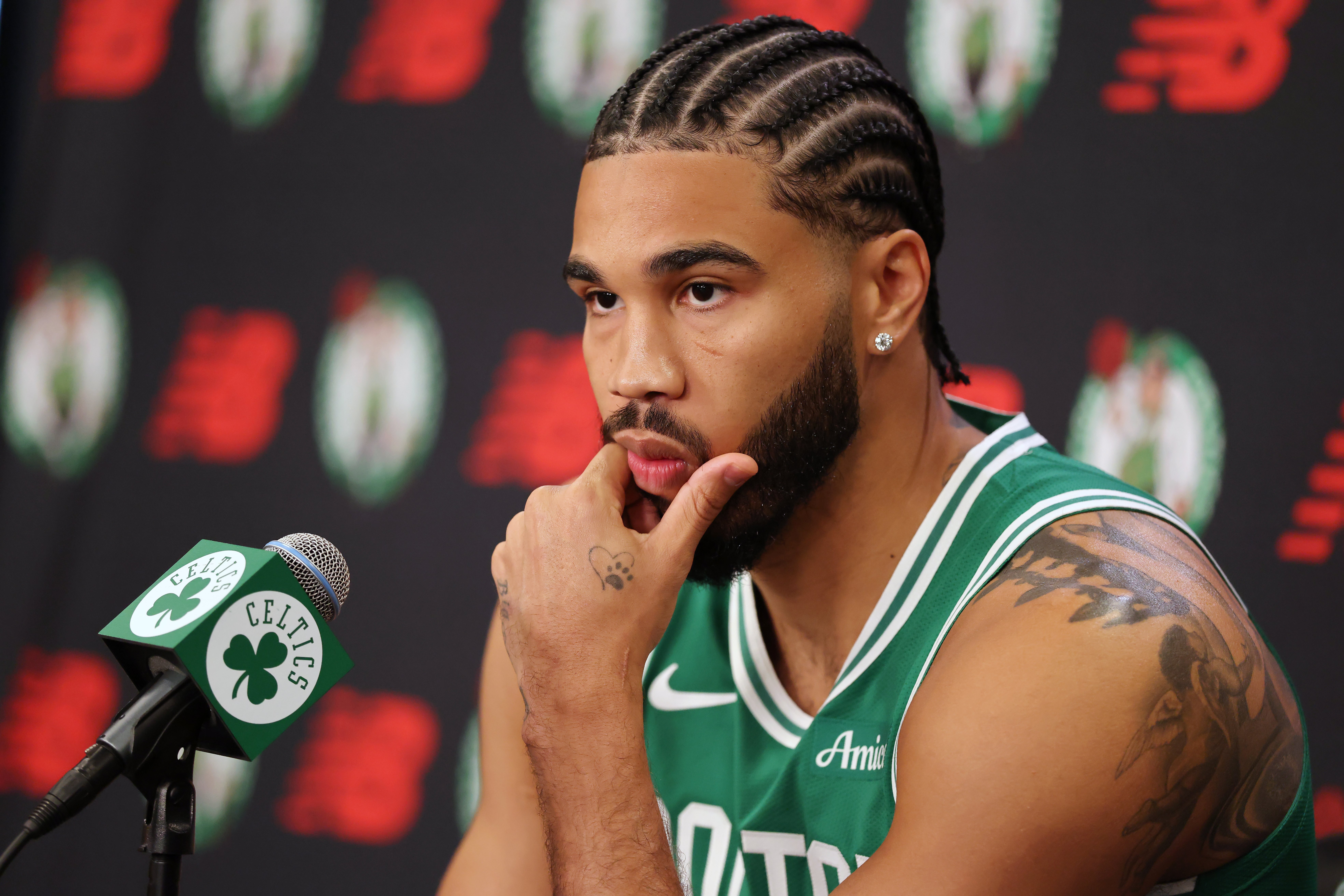 Boston Celtics' Jayson Tatum speaks at a news conference during the NBA basketball team's media day, Monday, Sept. 29, 2025, in Boston. 