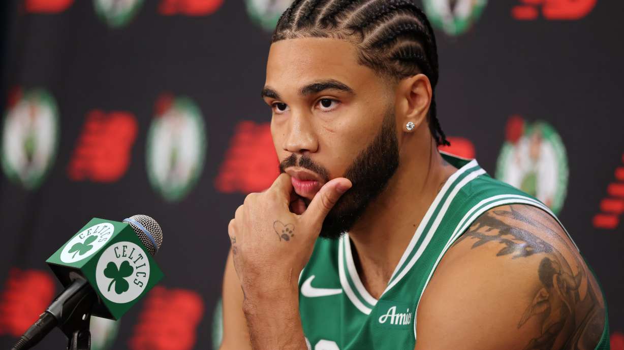 Boston Celtics' Jayson Tatum speaks at a news conference during the NBA basketball team's media day, Monday, Sept. 29, 2025, in Boston.