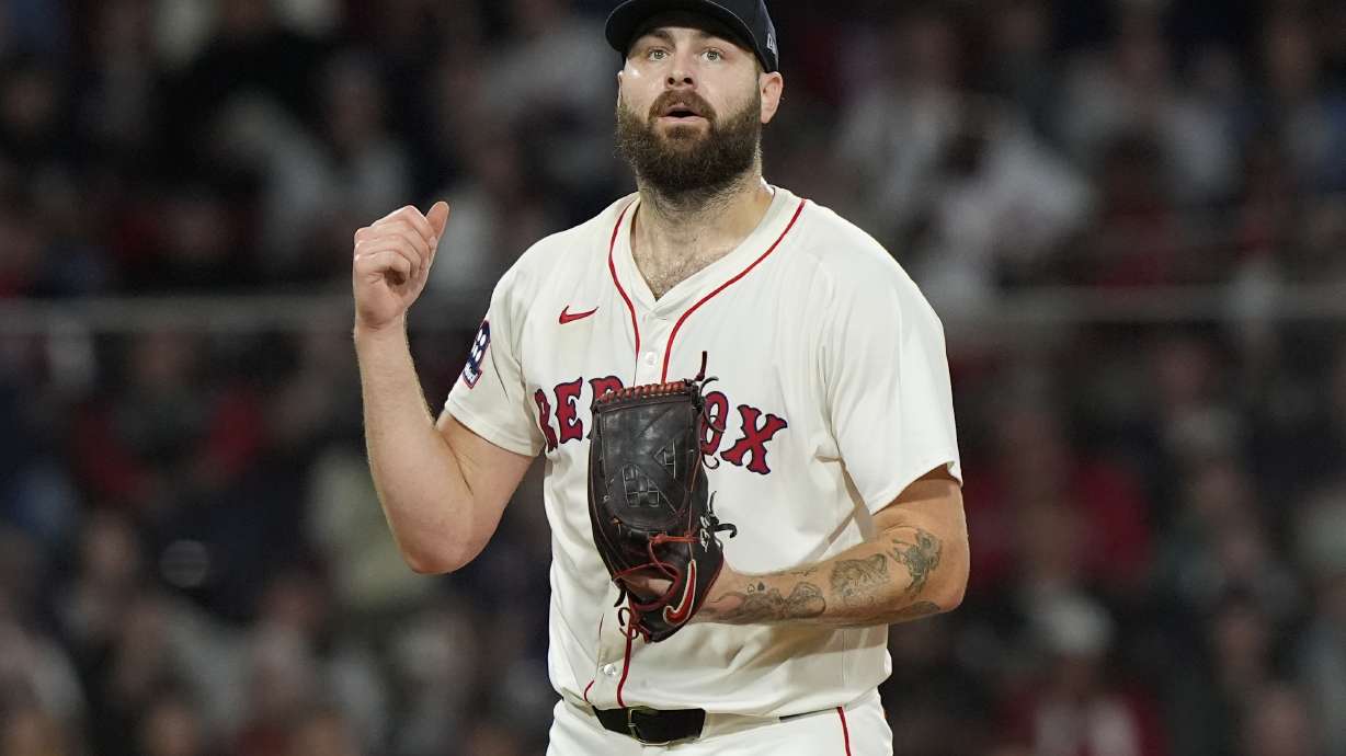 Boston Red Sox starting pitcher Lucas Giolito reacts after striking out Athletics Lawrence Butler with bases loaded in the third inning in of a baseball game against the Athletics, Wednesday, Sept. 17, 2025, in Boston.