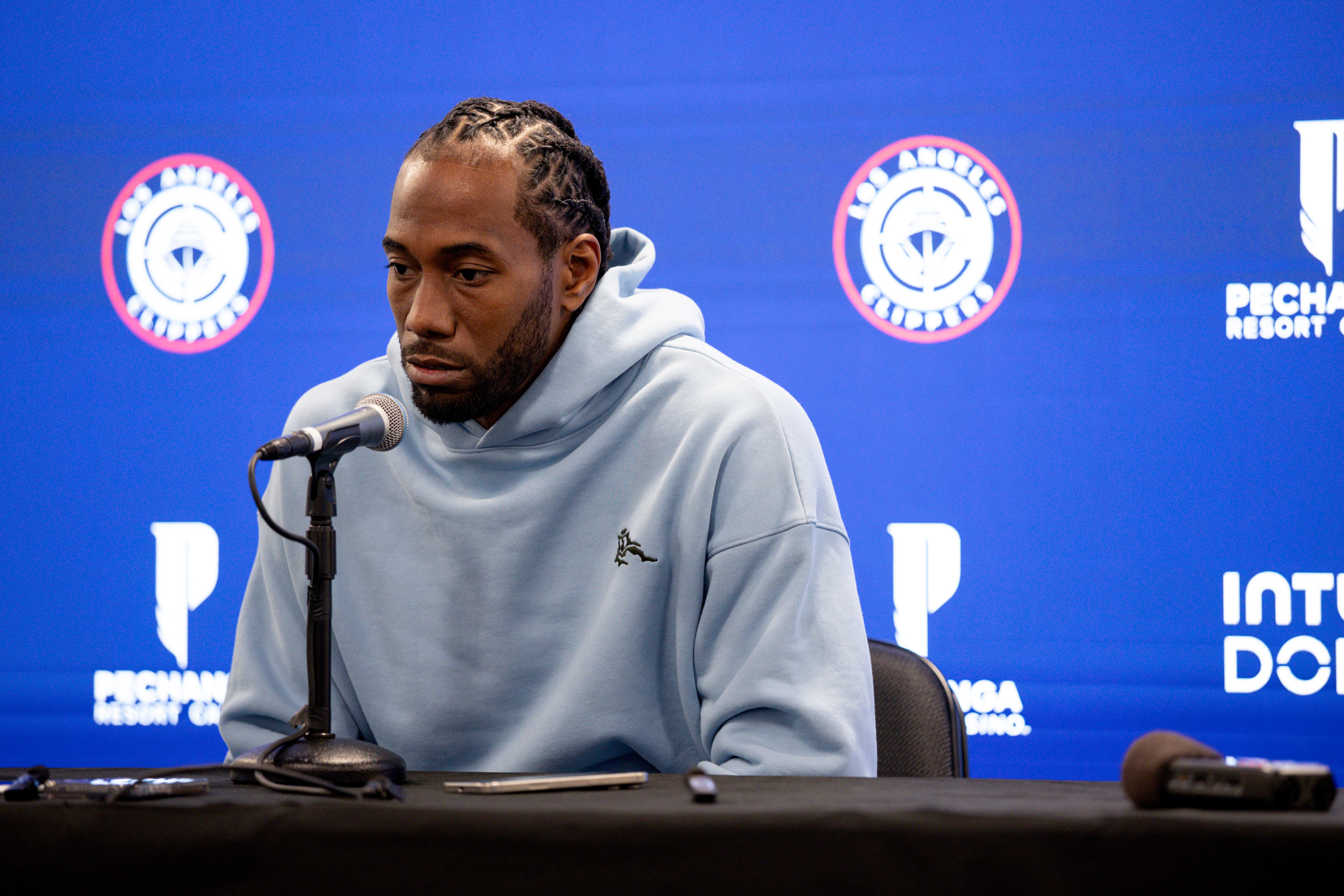 Los Angeles Clippers forward Kawhi Leonard speaks during the NBA basketball team's media day Monday, Sept. 29, 2025, in Inglewood, Calif.