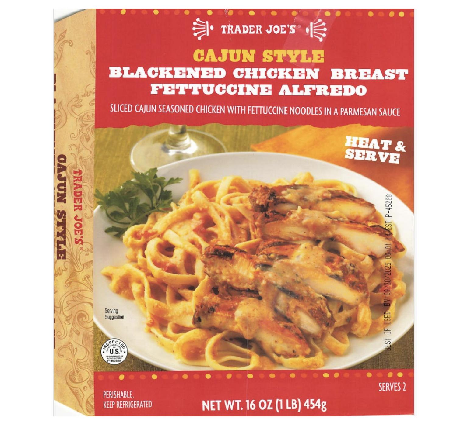Trader Joe's Cajun-style blackened chicken breast fettuccine alfredo, linked to a nationwide listeria outbreak, is pictured.