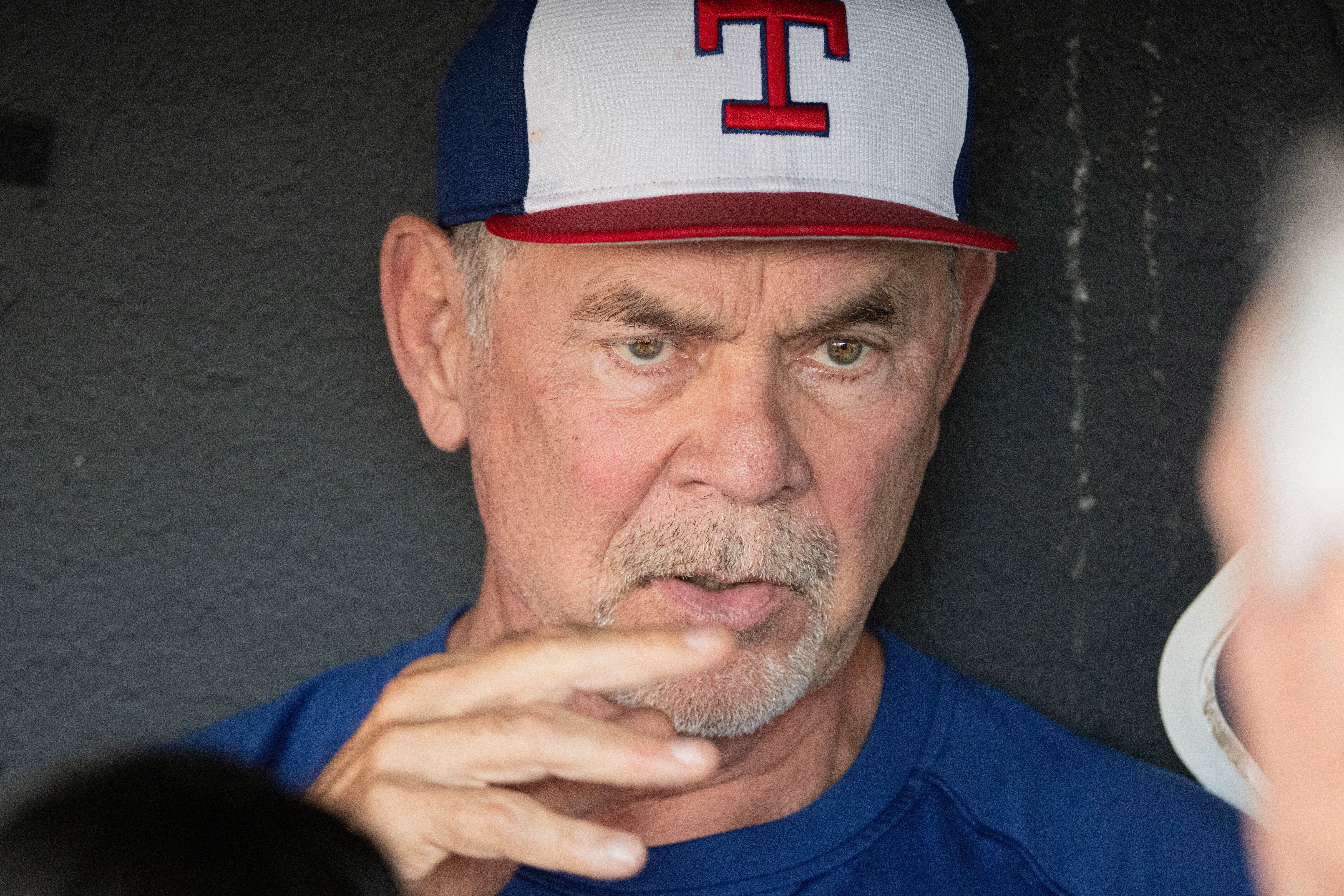Texas Rangers manager Bruce Bochy speaks with reporters before the start of a baseball game against the Cleveland Guardians, Friday, Sept. 26, 2025, in Cleveland. 