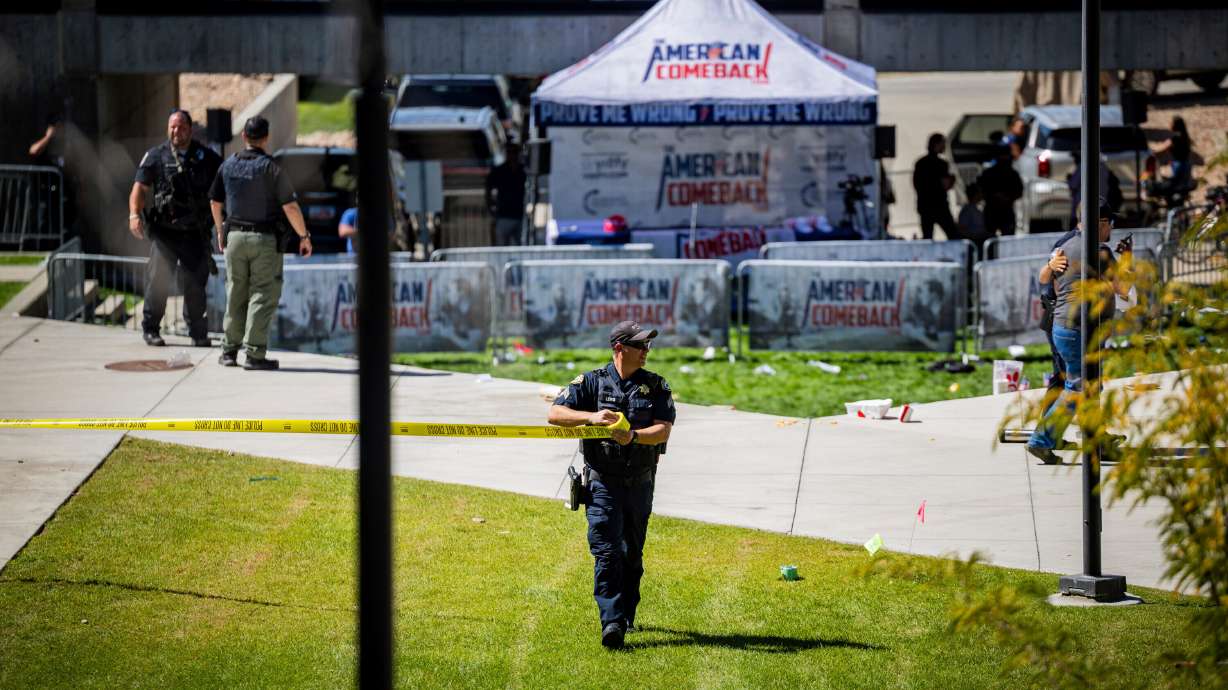 Law enforcement tapes off an area after Charlie Kirk, the CEO and co-founder of the conservative youth organization Turning Point USA, was shot at Utah Valley University, Sept. 10.