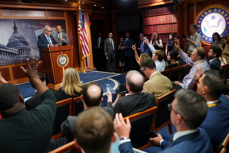 House Minority Leader Hakeem Jeffries, D-N.Y., and Senate Minority Leader Chuck Schumer, D-N.Y., at a press conference in Washington, Monday. Schumer claimed the White House was attempting to "bully" Democrats into signing a funding deal.