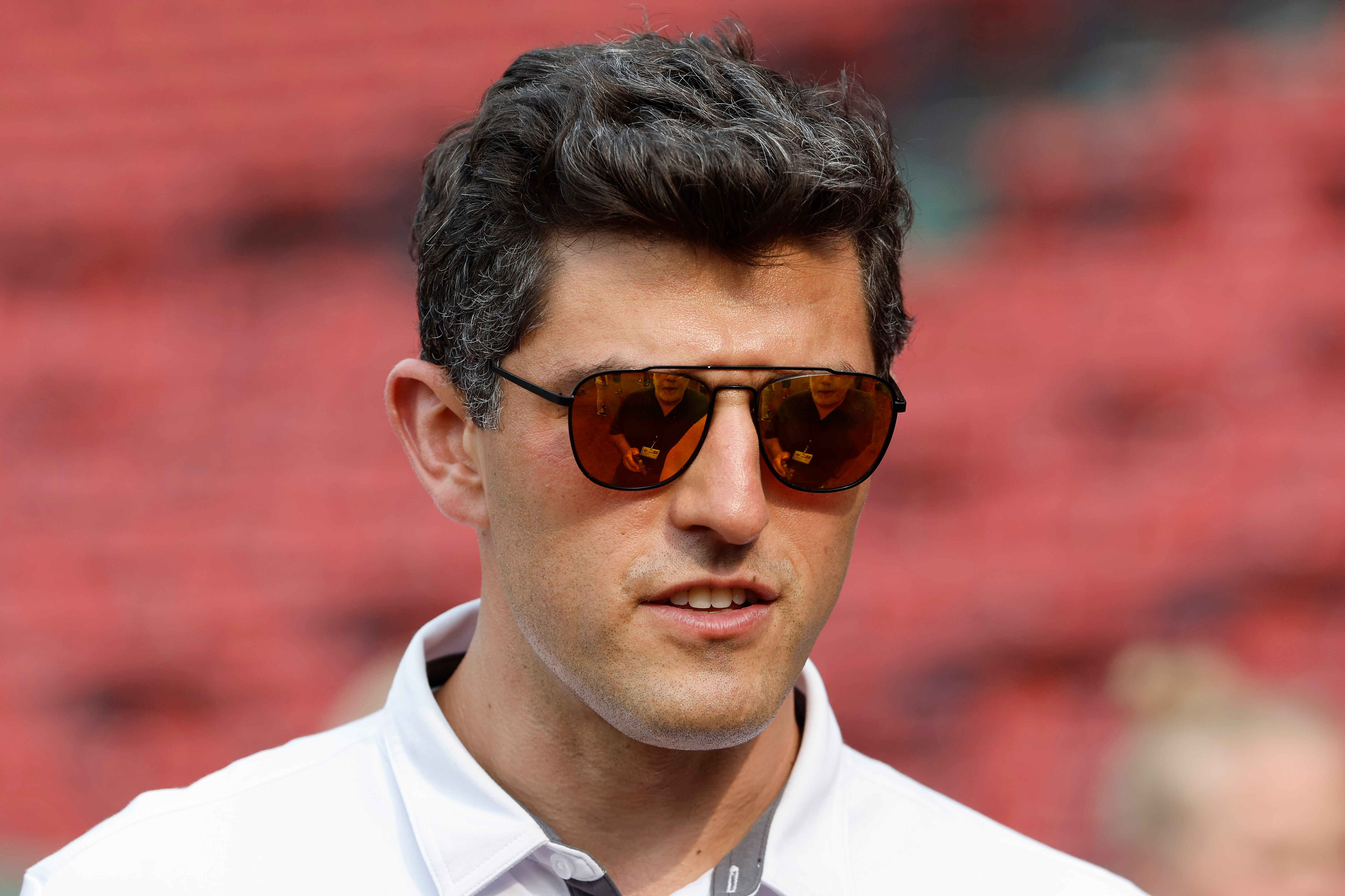 FILe - Then-Chief Baseball Officer of the Boston Red Sox Chaim Bloom talks with a reporter before the baseball game between the Boston Red Sox and the New York Yankees Friday, June 16, 2023, at Fenway Park in Boston.