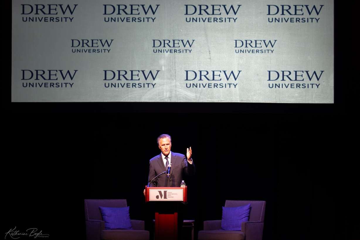 Former Utah Sen. Mitt Romney speaks at the Mayo Performing Arts Center in Morristown, N.J., Monday. Romney called for an end to "lawfare" in his speech.