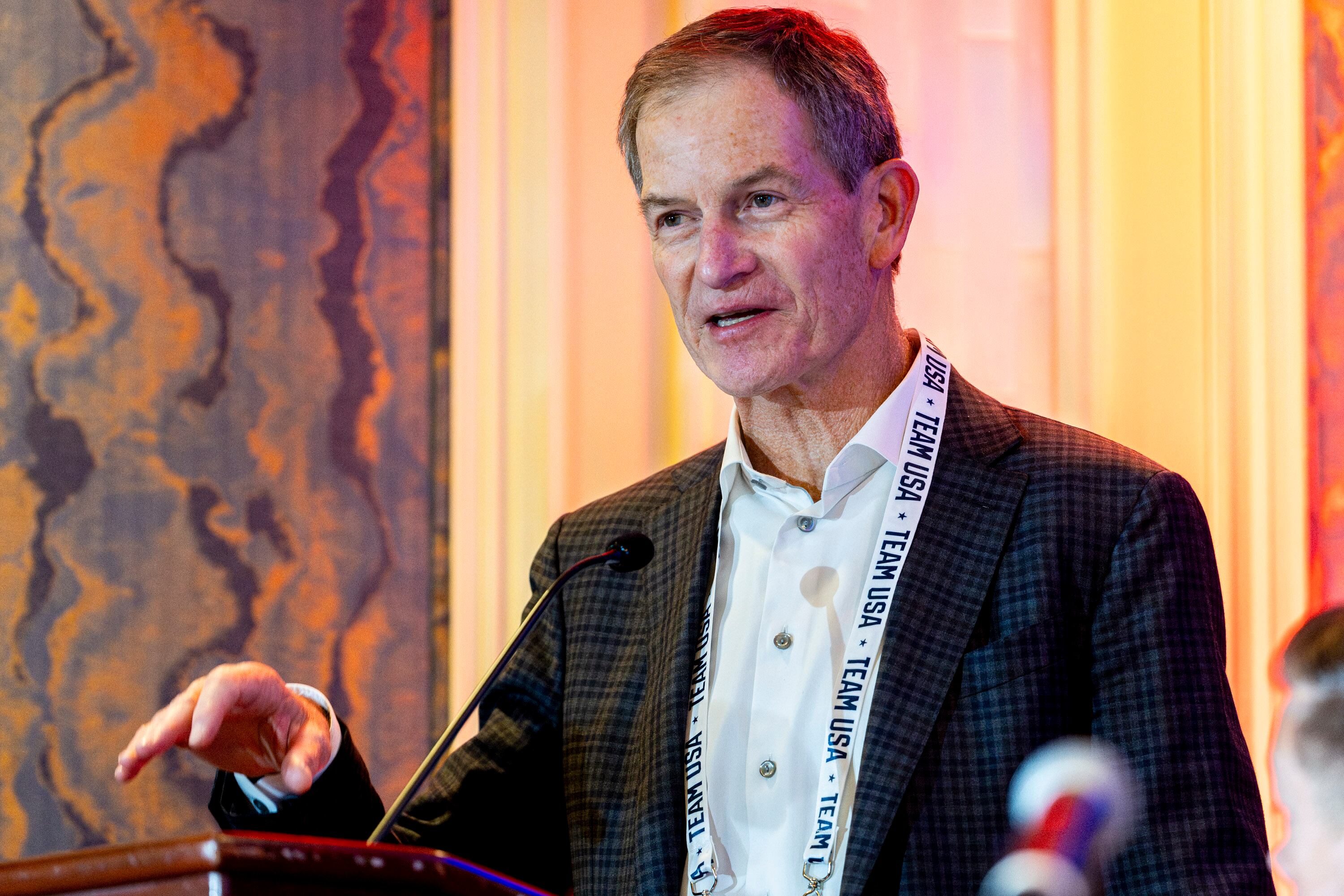 Gene Sykes speaks during a quarterly meeting of the steering committee for the Organizing Committee for the 2034 Olympic and Paralympic Winter Games held at The Little America Hotel in Salt Lake City on Wednesday.