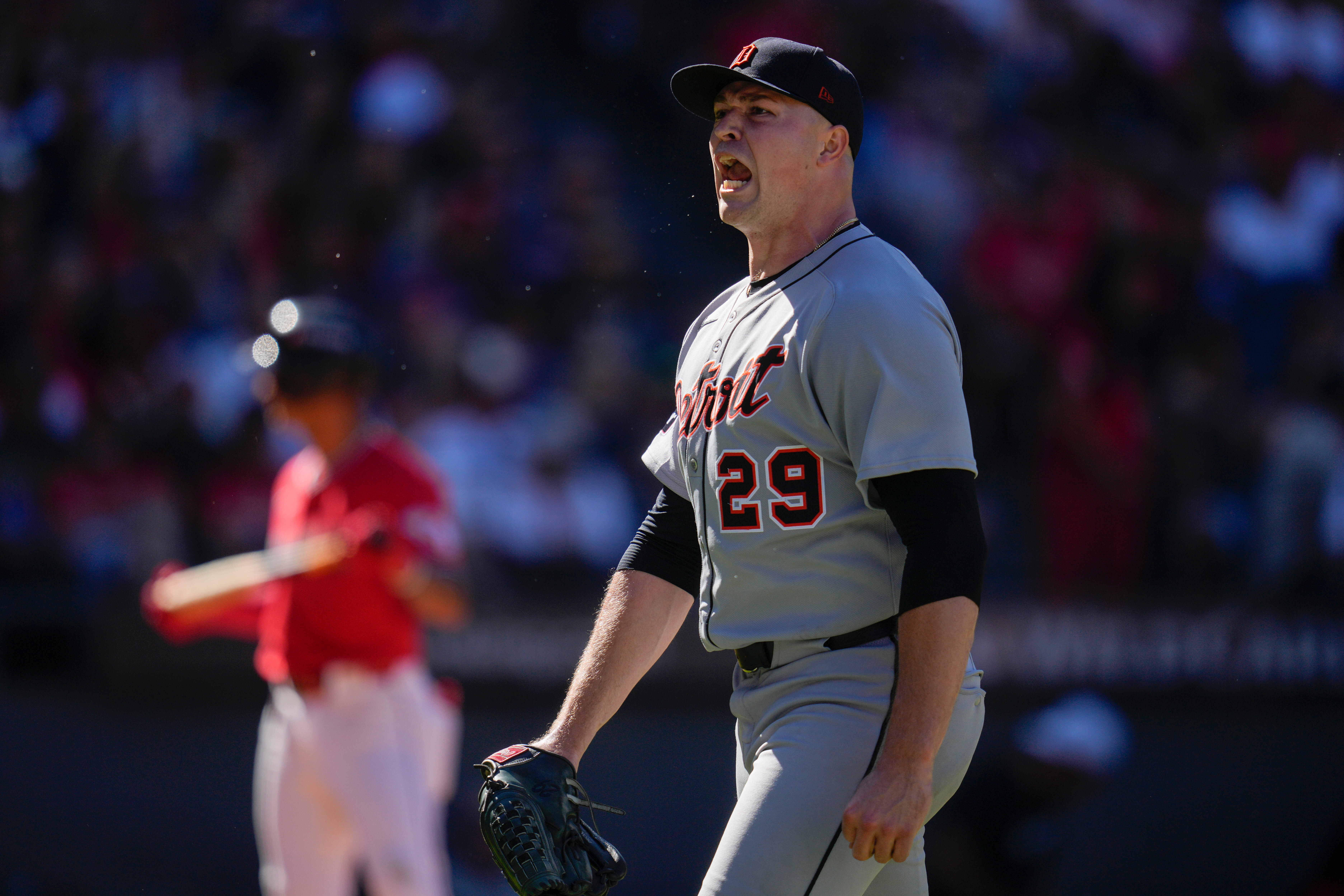 Detroit Tigers starting pitcher Tarik Skubal reacts after his fourth strike out in a row in the seventh inning of Game 1 of the American League Wild Card baseball playoff series against the Cleveland Guardians in Cleveland, Tuesday, Sept. 30, 2025. 