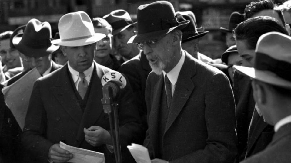 President George Albert Smith speaks in Salt Lake City on May 10, 1937. A historian at the University of Utah said President Nelson's passing this close to general conference was the first such instance since the President Smith era.