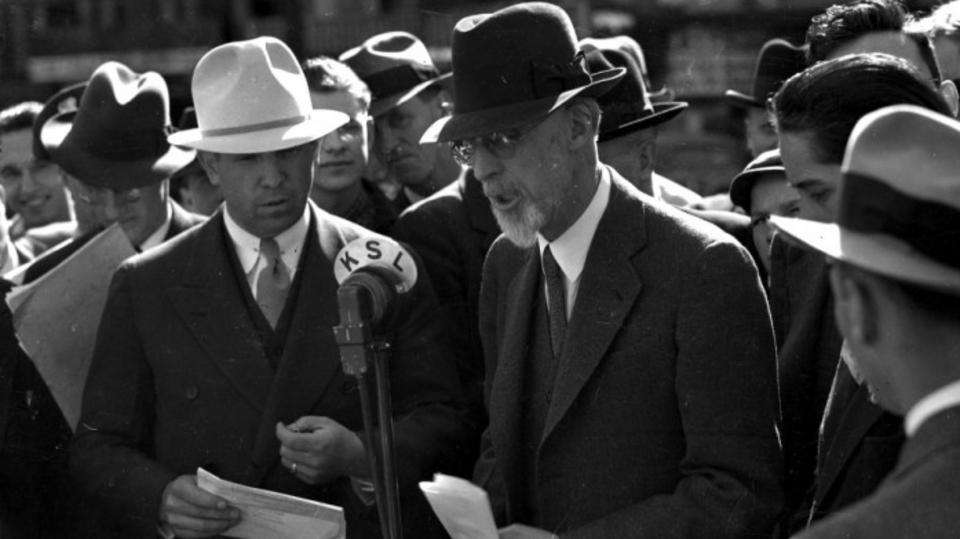 President George Albert Smith speaks in Salt Lake City on May 10, 1937. A historian at the University of Utah said President Nelson's passing this close to general conference was the first such instance since the President Smith era.