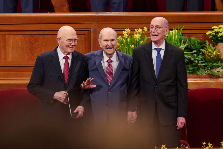 President Russell M. Nelson with his two counselors, President Dallin H. Oaks and President Henry B. Eyring.