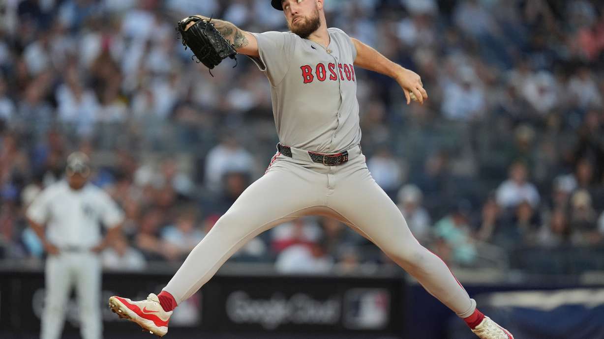 Boston Red Sox pitcher Garrett Crochet delivers against the New York Yankees during the first inning of Game 1 of an American League wild-card baseball playoff series, Tuesday, Sept. 30, 2025, in New York.