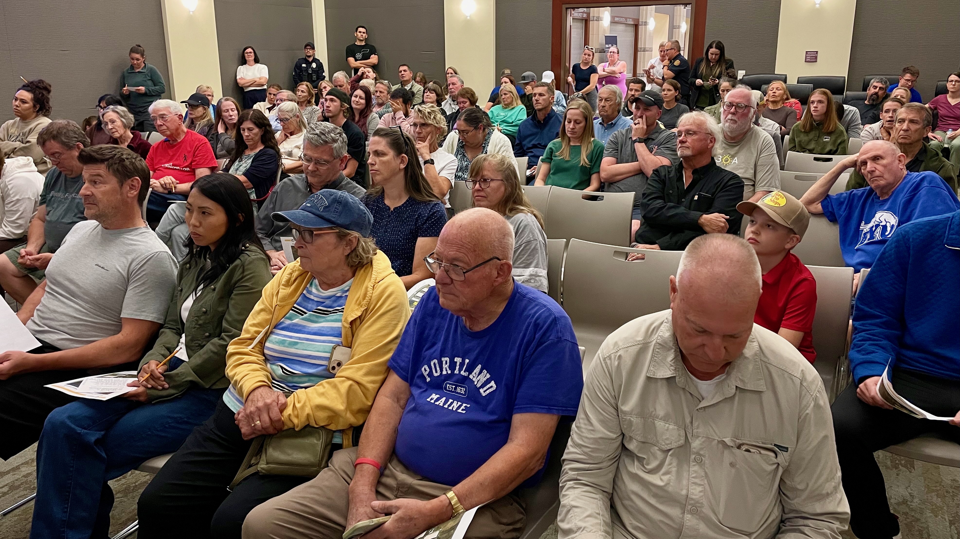 A crowd of about 100 attended an informational meeting Tuesday at North Salt Lake City Hall on a proposed 1,300-bed facility for the homeless adjacent to the city.