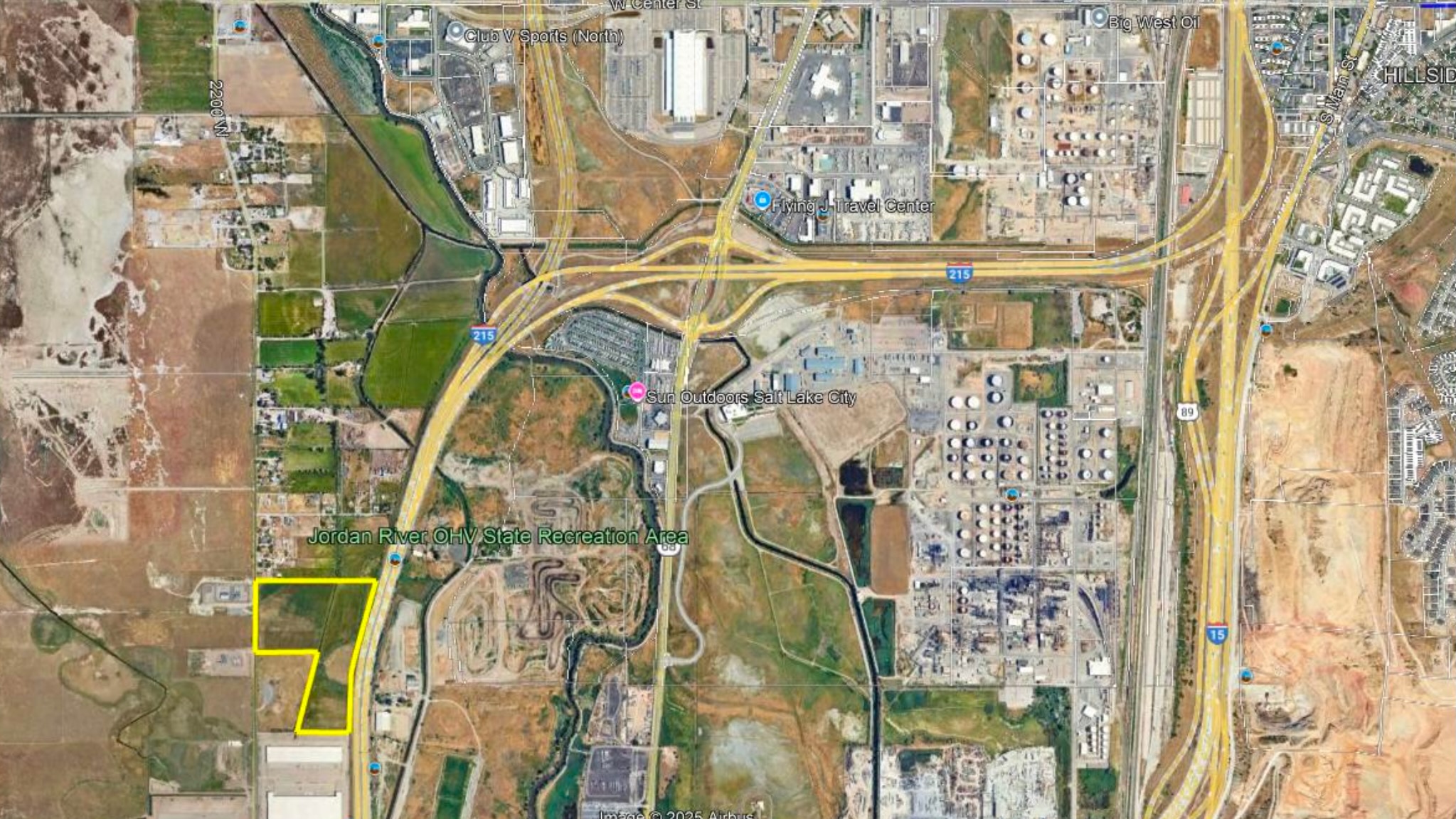 A crowd of about 100 attended an informational meeting Tuesday at North Salt Lake City Hall on a proposed 1,300-bed facility for the homeless adjacent to the city. It would be developed on the property outlined in yellow in the lower left-hand corner of the photo.