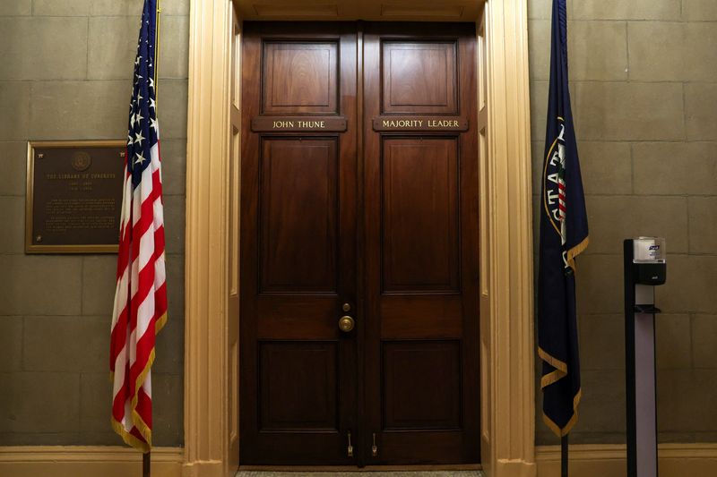 The hallway outside Senate Majority Leader John Thune, R-S.D., sits empty in Washington, Tuesday. Both Democrats and Republicans blamed each other for the government shutdown that began Wednesday.