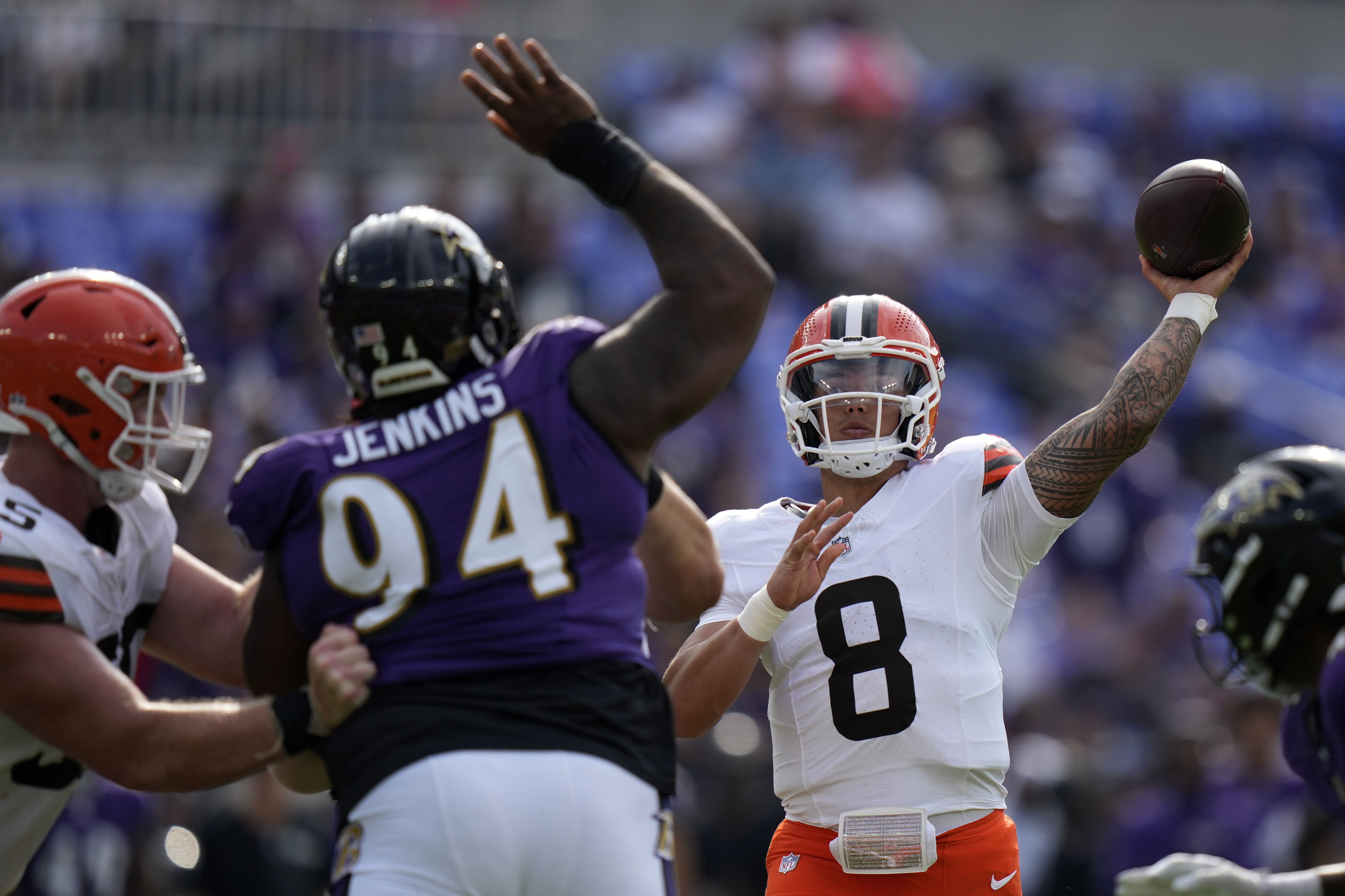 Cleveland Browns quarterback Dillon Gabriel passes for a touchdown against the Baltimore Ravens during the second half of an NFL football game, Sunday, Sept. 14, 2025, in Baltimore. 