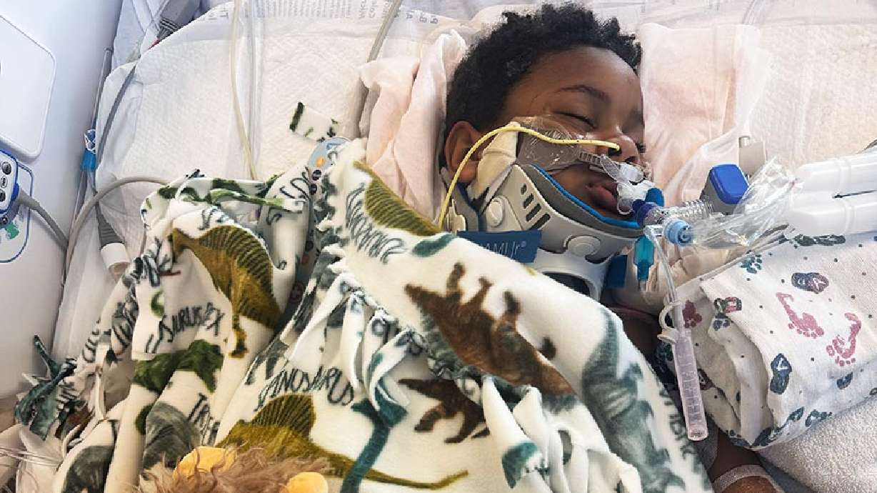 Carter Grover is shown at Primary Children’s Hospital in Utah in this undated photo. He was seriously injured in a car crash in Idaho in September.