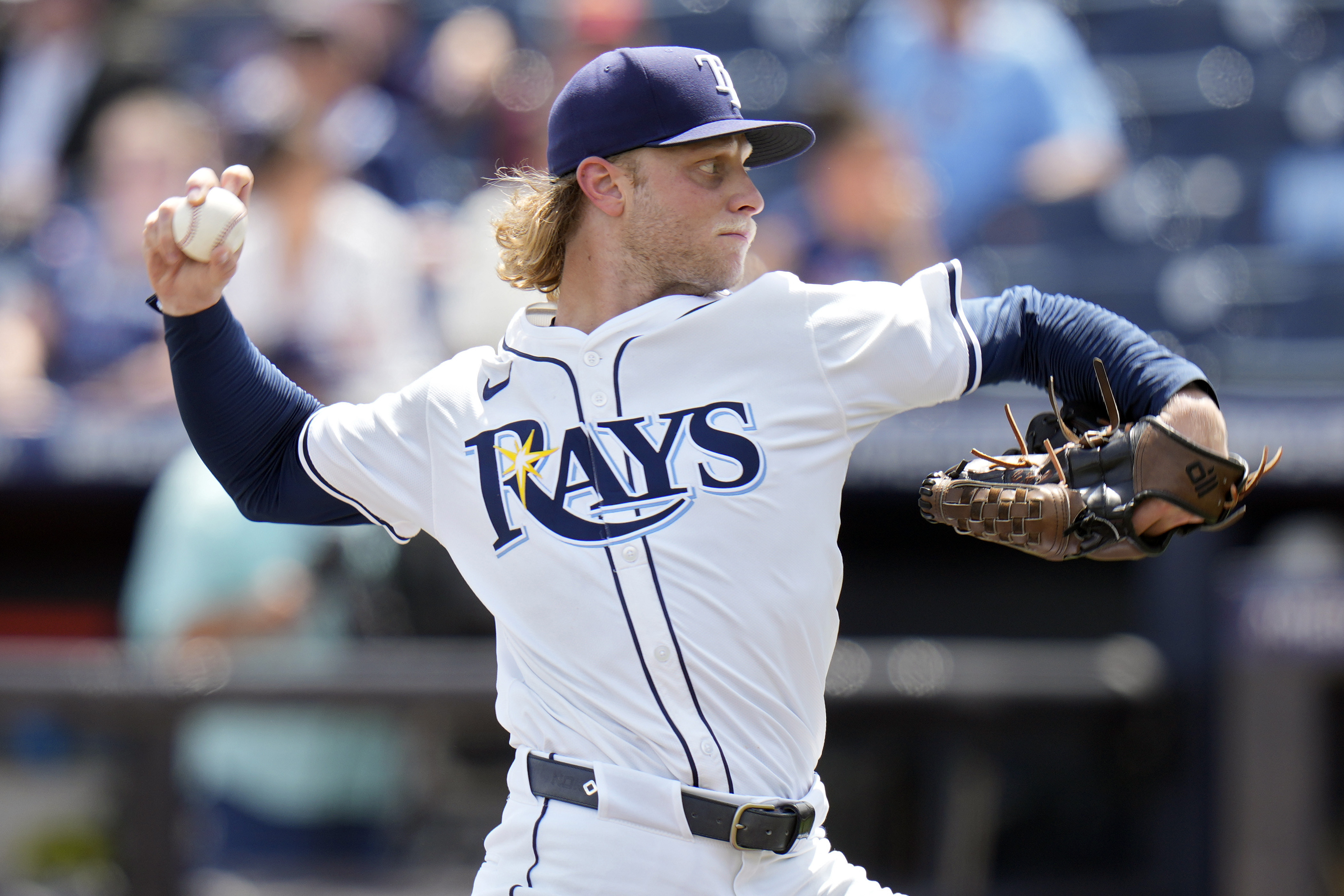 Tampa Bay Rays pitcher Shane Baz delivers to the Toronto Blue Jays during the first inning of a baseball game Thursday, Sept. 18, 2025, in Tampa, Fla. 