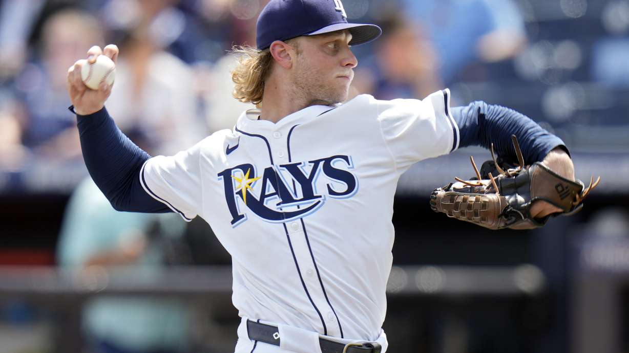 Tampa Bay Rays pitcher Shane Baz delivers to the Toronto Blue Jays during the first inning of a baseball game Thursday, Sept. 18, 2025, in Tampa, Fla.