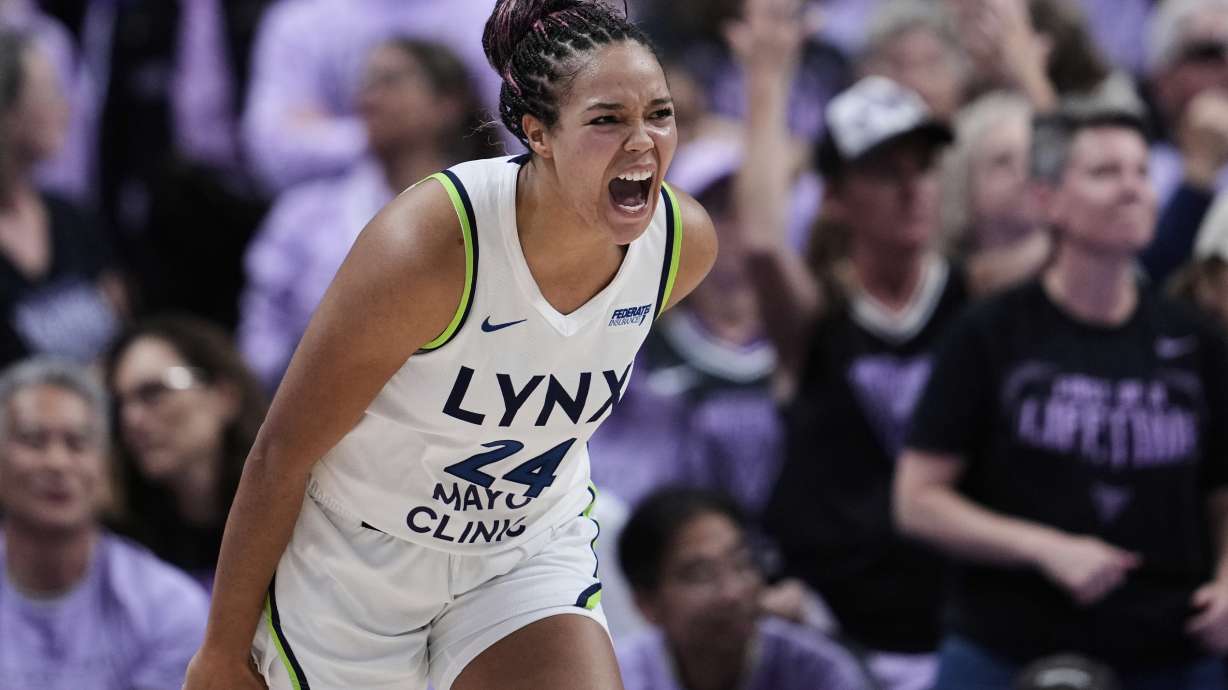 Minnesota Lynx forward Napheesa Collier celebrates after making a 3-point basket during the second half of Game 2 in the first round of the WNBA basketball playoffs against the Golden State Valkyries, Wednesday, Sept. 17, 2025, in San Jose, Calif.
