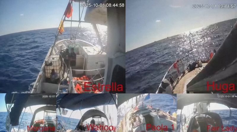 The Global Sumud Flotilla sailing to Gaza, Wednesday. The flotilla was intercepted by Israeli military personnel.