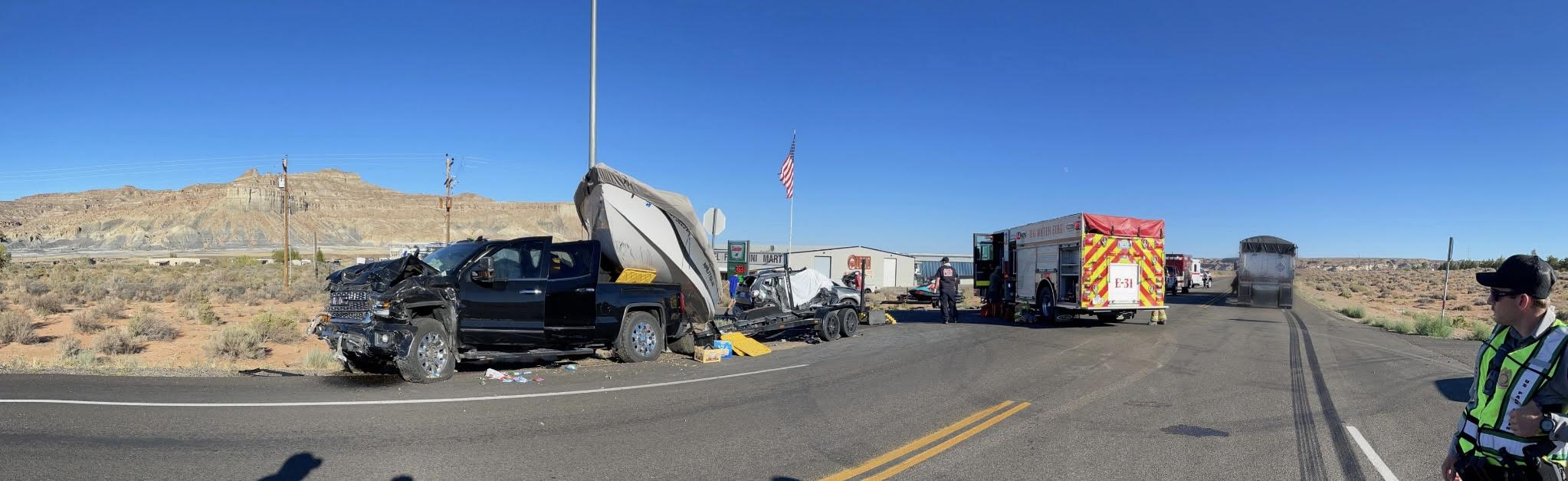 Two women were killed after their vehicle was hit by a semitruck and a pickup truck as it tried to cross U.S. 89 near Big Water, Kane County, on Wednesday.