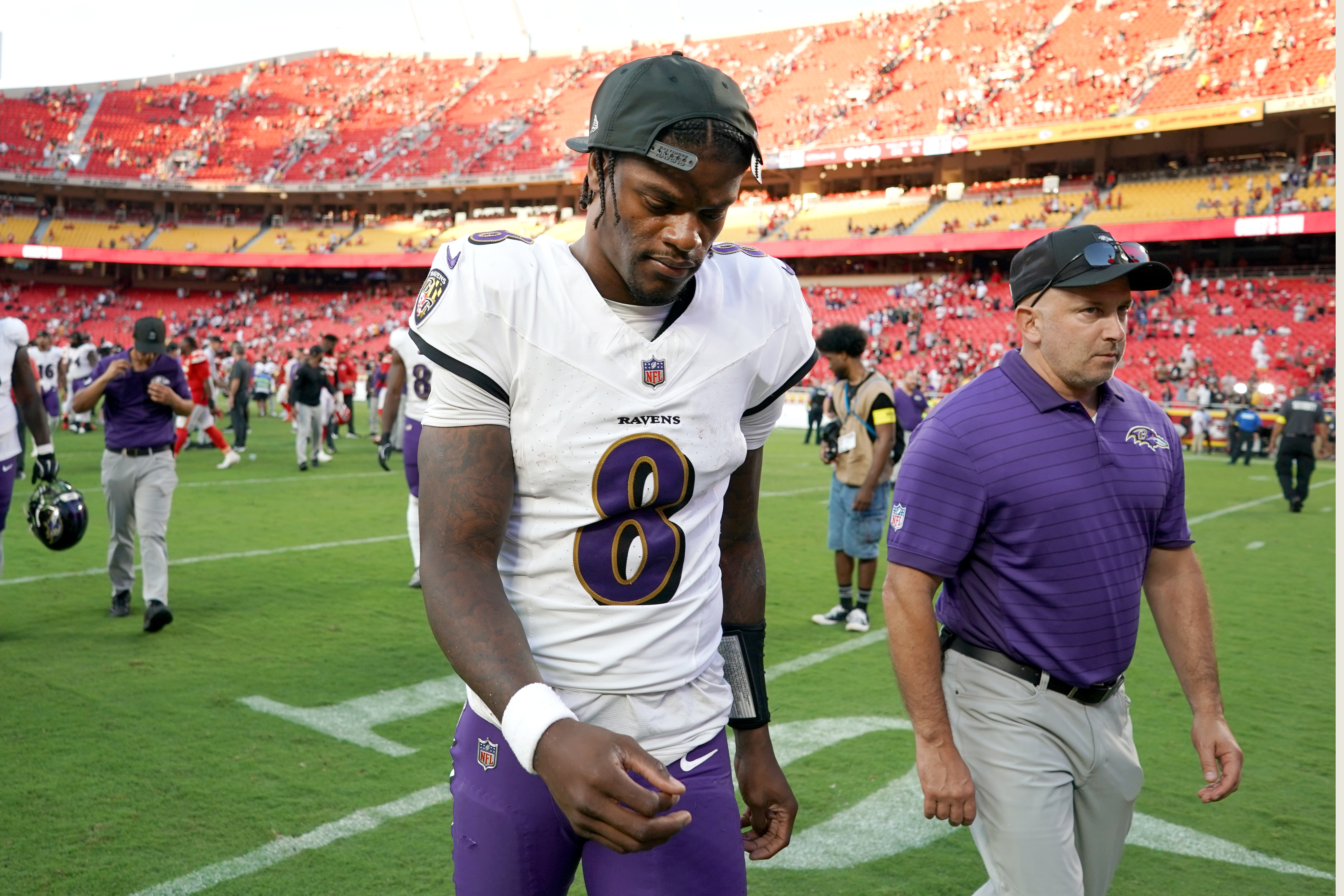 Baltimore Ravens quarterback Lamar Jackson heads off the field following an NFL football game against the Kansas City Chiefs Sunday, Sept. 28, 2025, in Kansas City, Mo. 