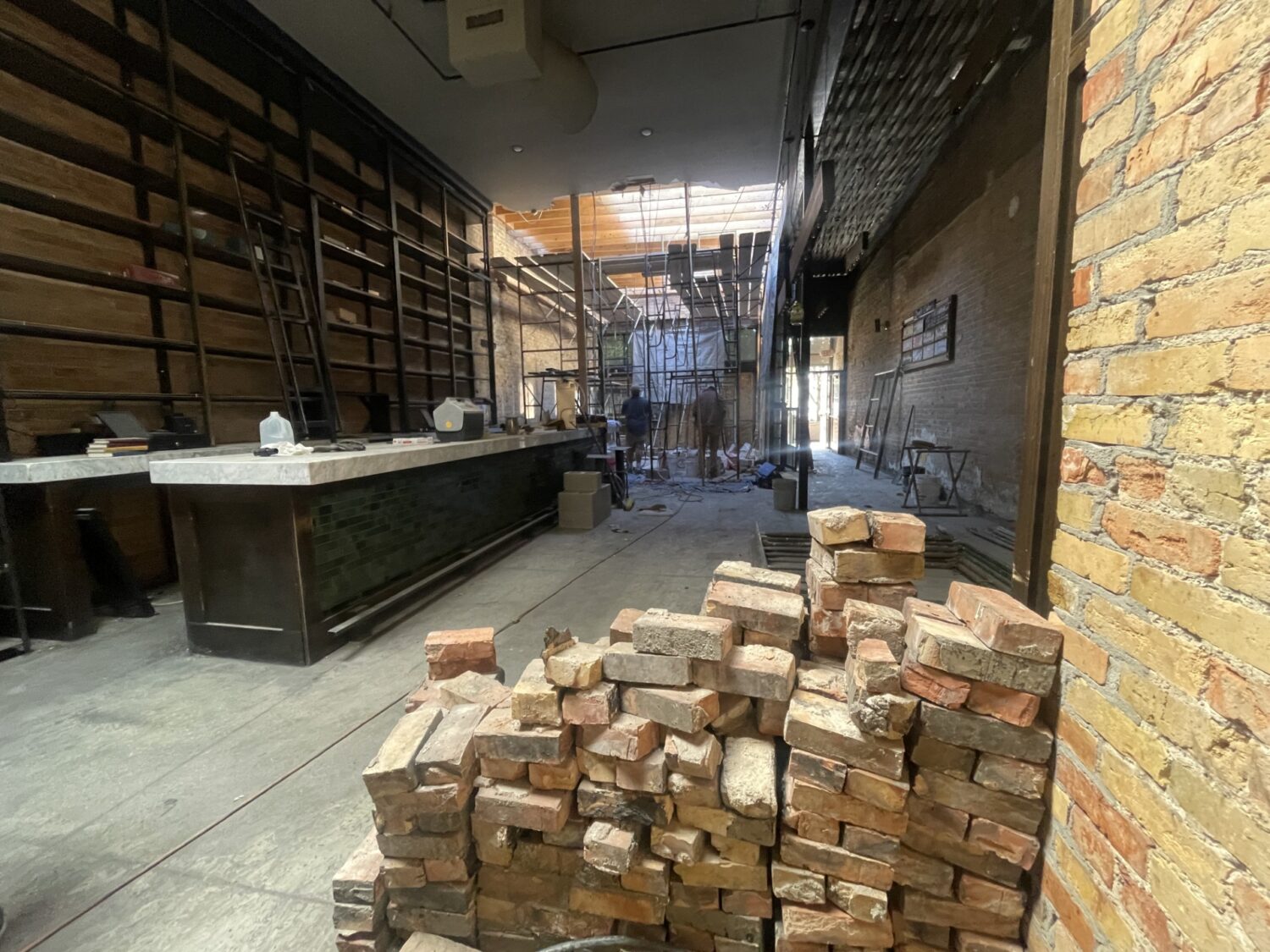 Reconstruction continues at White Horse Spirits and Kitchen, Thursday. Owner Jason LeCates said he plans to reopen White Horse on Jan. 1, 2026.