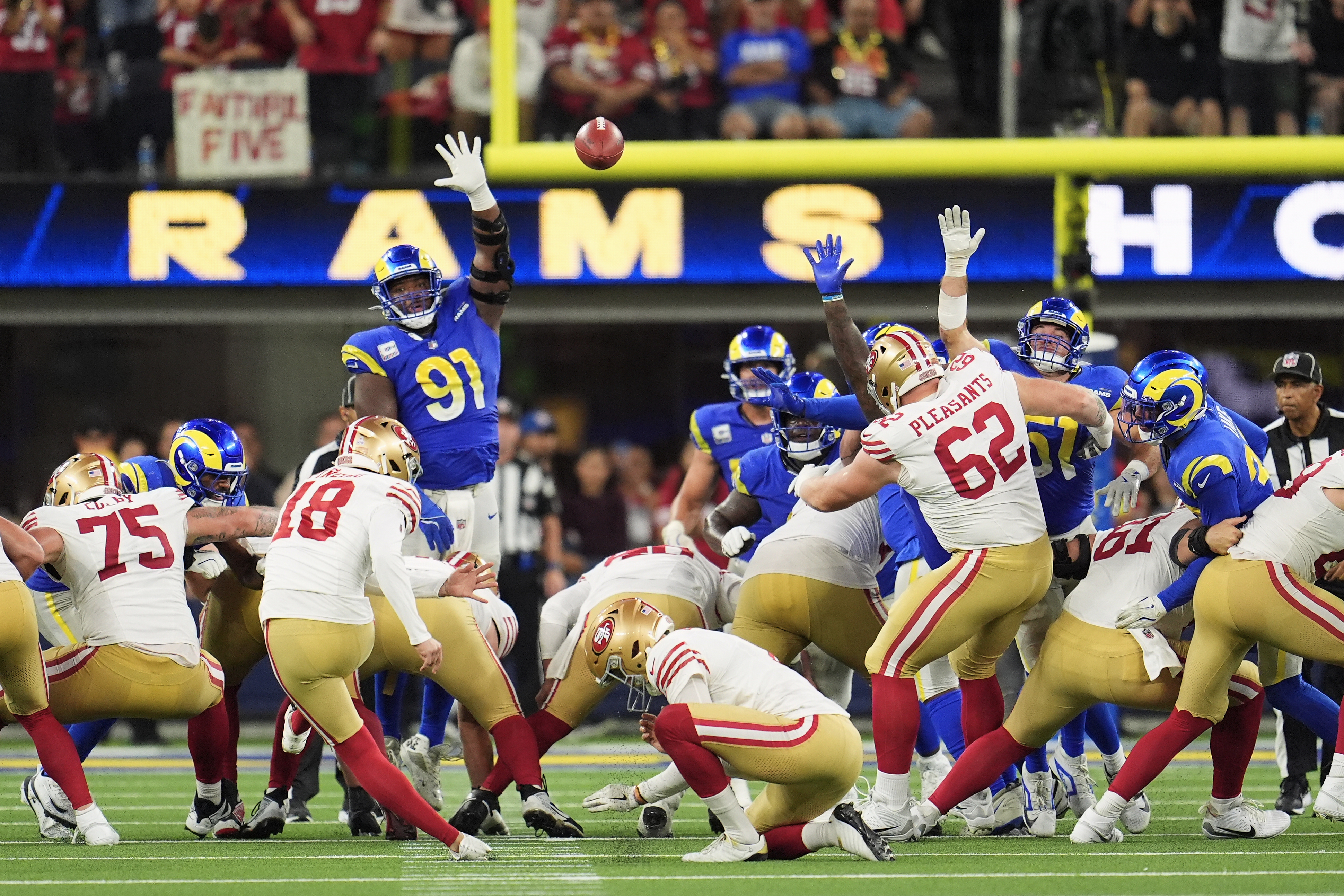 San Francisco 49ers kicker Eddy Piñeiro (18) kicks a field goal during overtime of an NFL football game against the Los Angeles Rams, Thursday, Oct. 2, 2025, in Inglewood, Calif. 