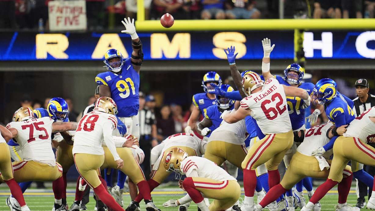 San Francisco 49ers kicker Eddy Piñeiro (18) kicks a field goal during overtime of an NFL football game against the Los Angeles Rams, Thursday, Oct. 2, 2025, in Inglewood, Calif.