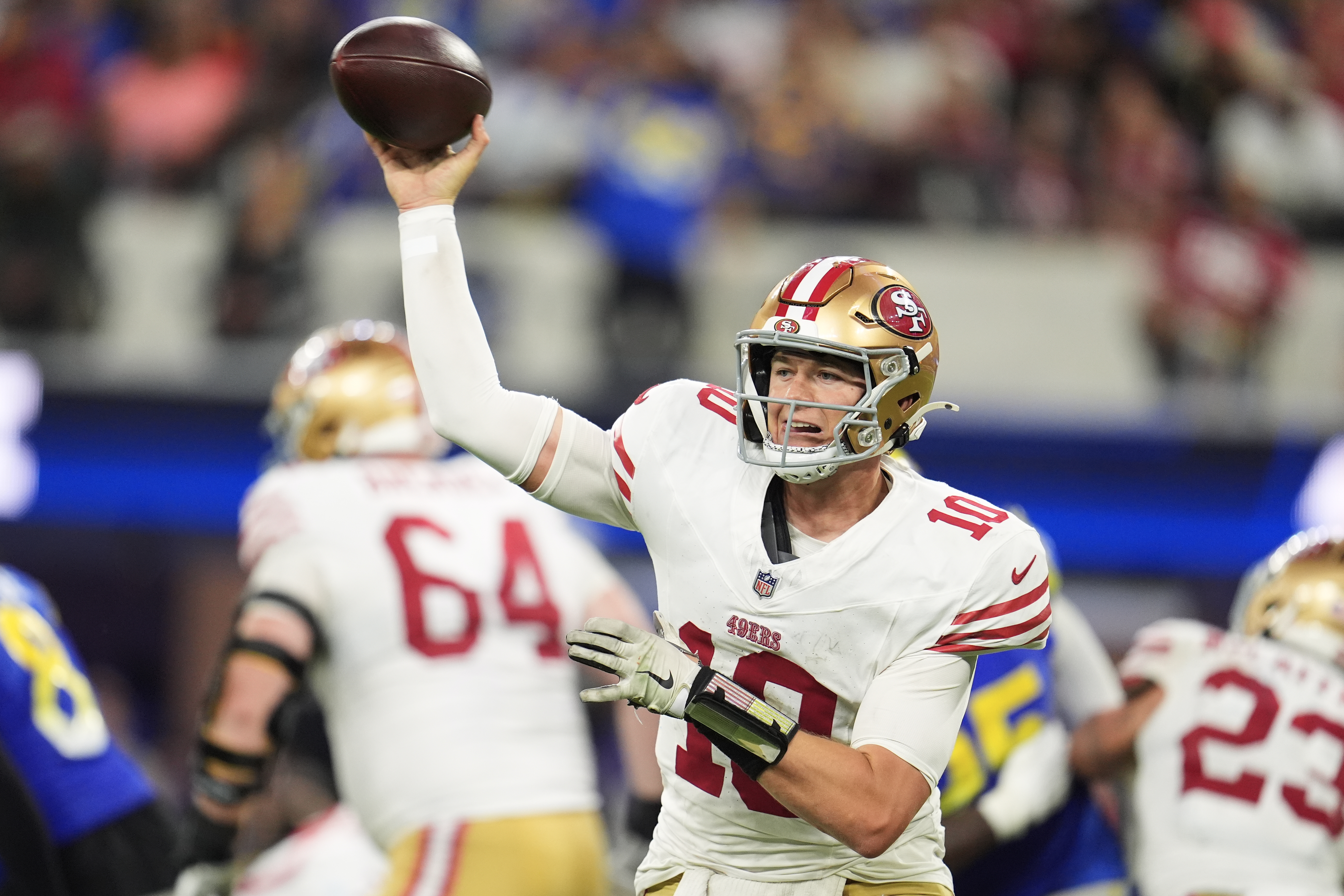 San Francisco 49ers quarterback Mac Jones passes against the Los Angeles Rams during the second half of an NFL football game, Thursday, Oct. 2, 2025, in Inglewood, Calif. 