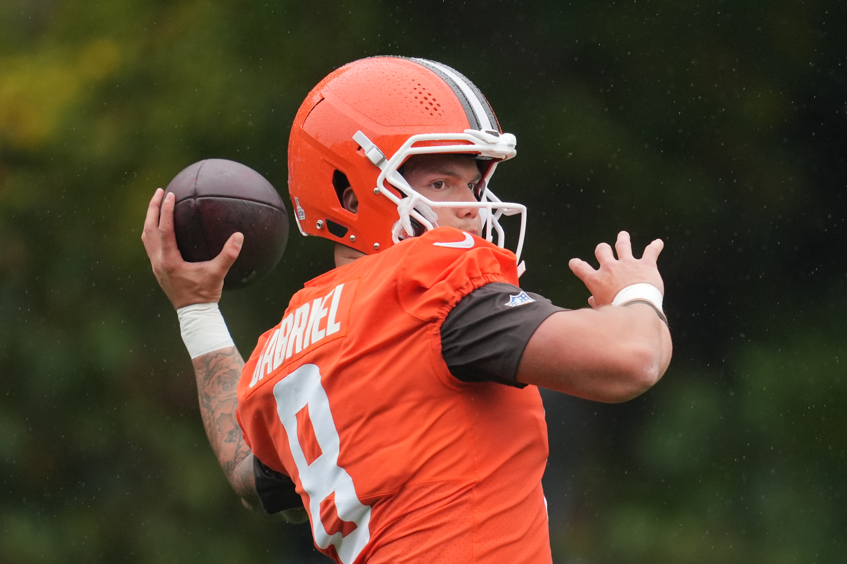 Cleveland Browns quarterback Dillon Gabriel (8) attends an NFL football practice at The Grove in Watford, England, Friday, Oct. 3, 2025. 