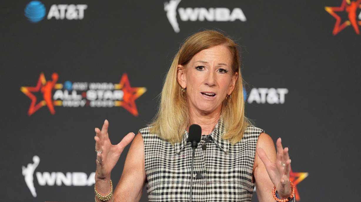 FILE - WNBA Commissioner Cathy Engelbert speaks during a news conference before the WNBA All-Star basketball game, Saturday, July 19, 2025, in Indianapolis.