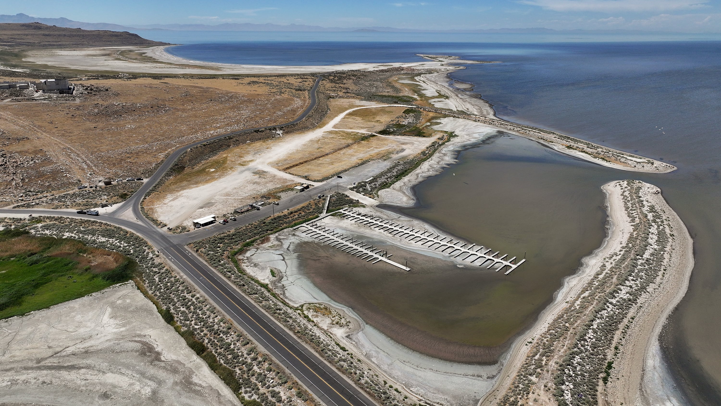 Boat docks are dried up and unusable at the Antelope Island Marina on July 29. Water levels in the Great Salt Lake have been low during the latest sustained drought.