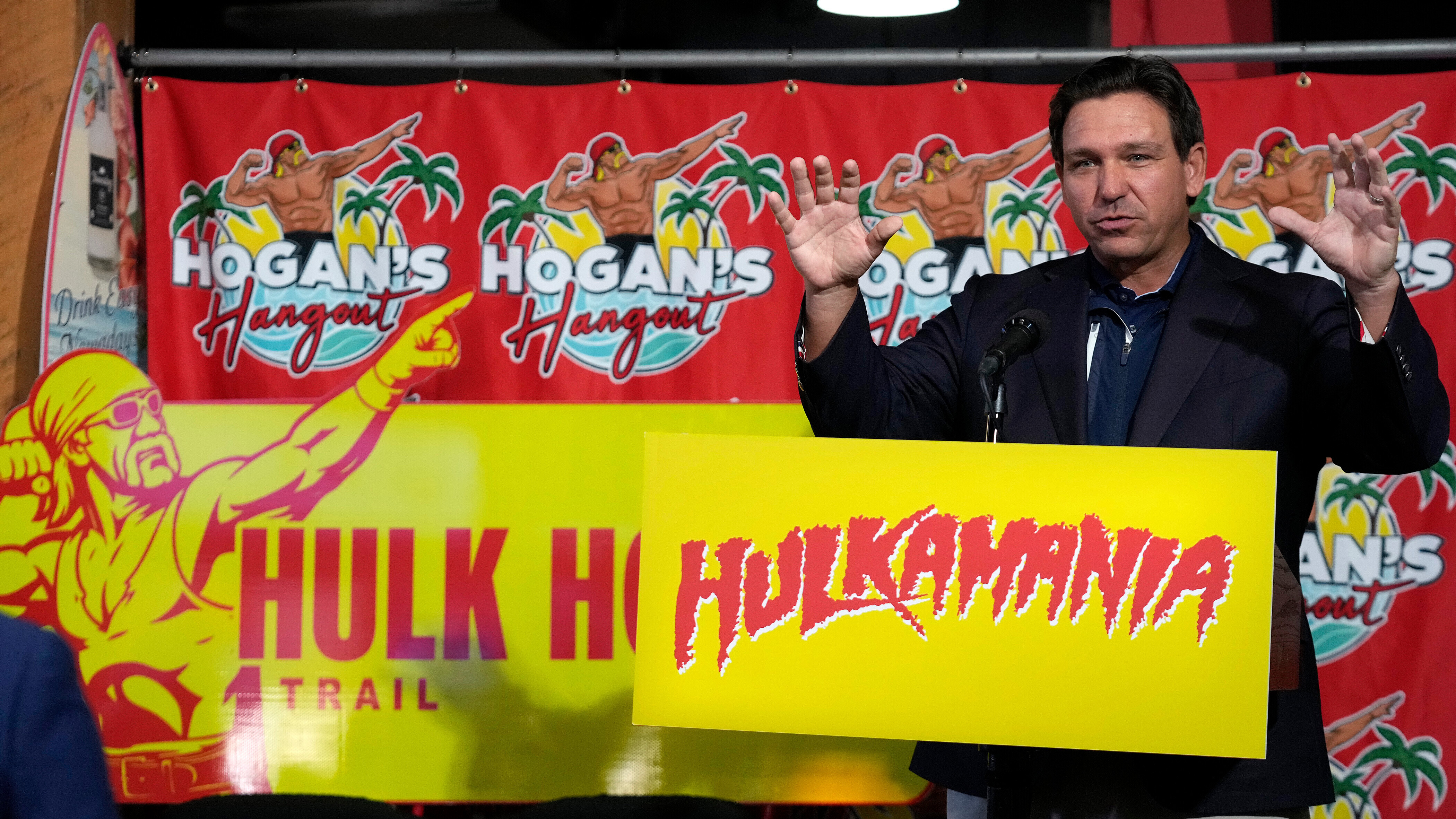 Florida Gov. Ron DeSantis gestures during a news conference after naming a trail in honor of wrestling legend Hulk Hogan Friday, Oct. 3, 2025, in Clearwater, Fla.