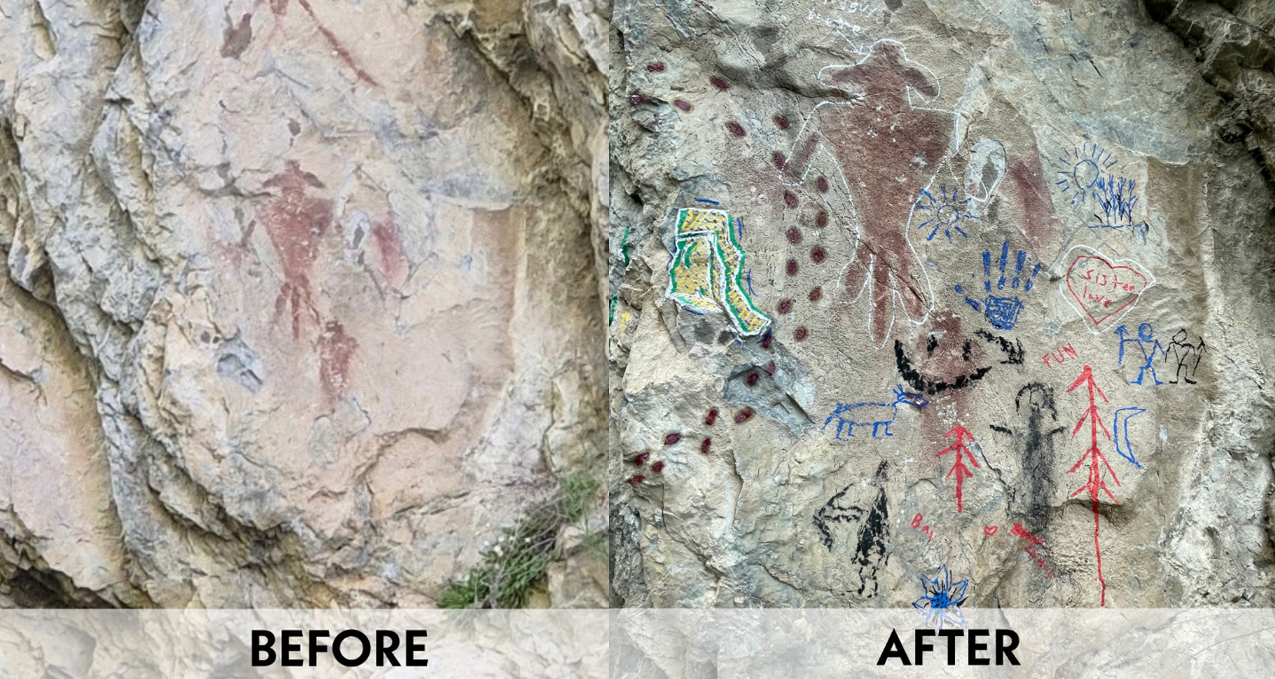 Native American rock imagery site recently vandalized in American Fork Canyon.